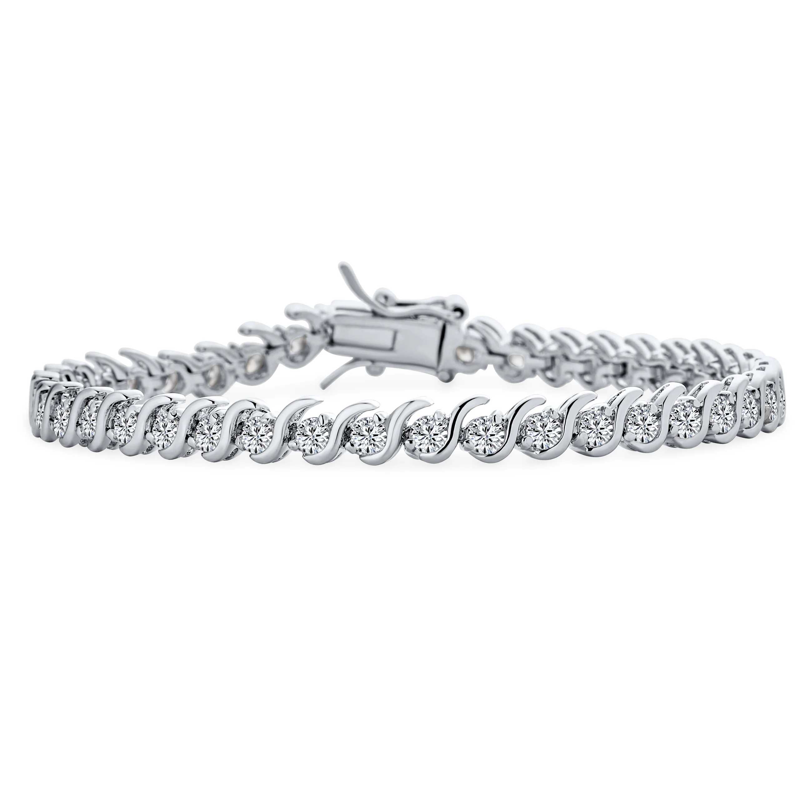 Fancy Cocktail CZ Cubic Zirconia Wave S-Link Swirl Tennis Bracelet 7-7.5 Inch Silver Plated