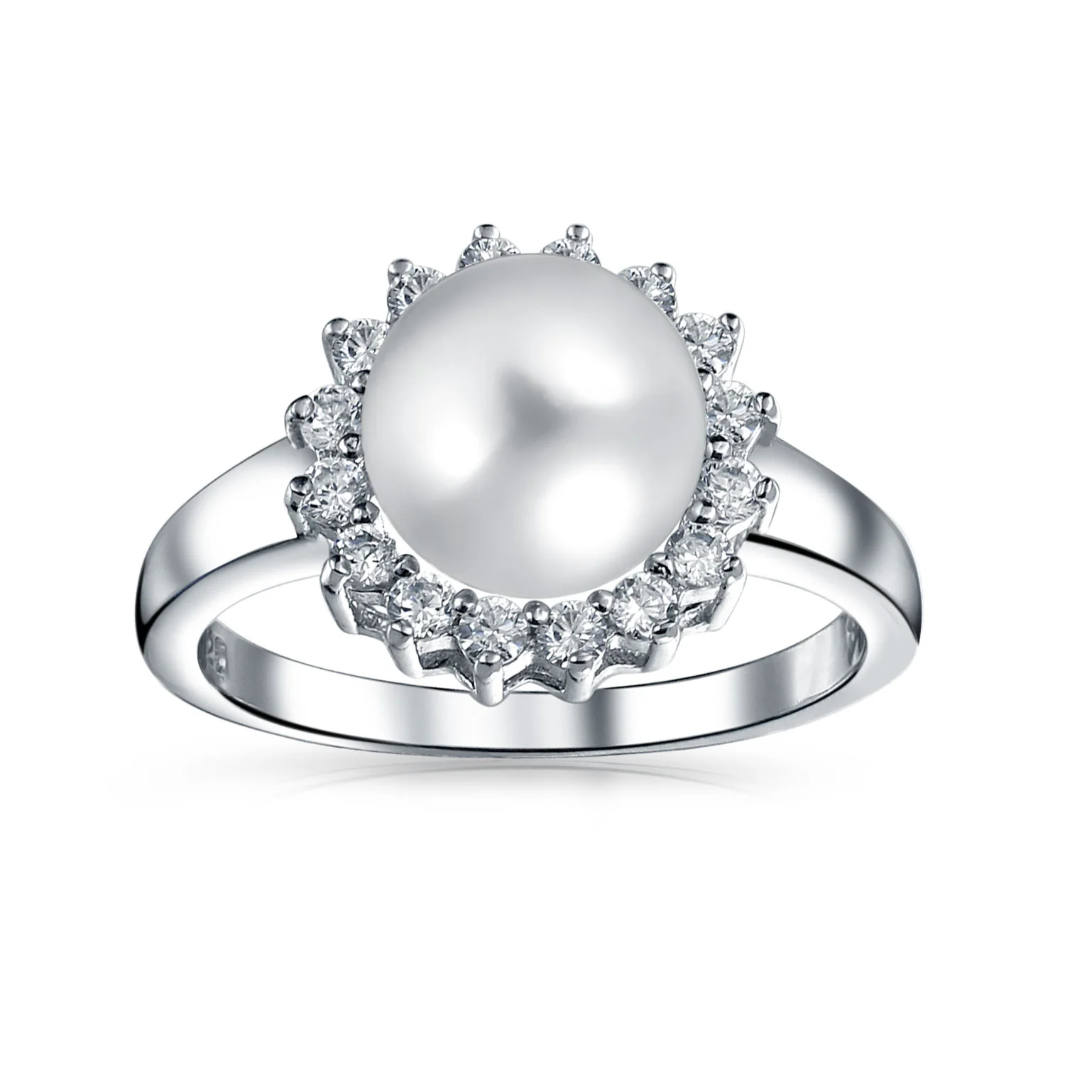 Classic White Faux Pearl Cocktail Ring CZ Halo Solitaire White .925 Sterling Silver - Image 2