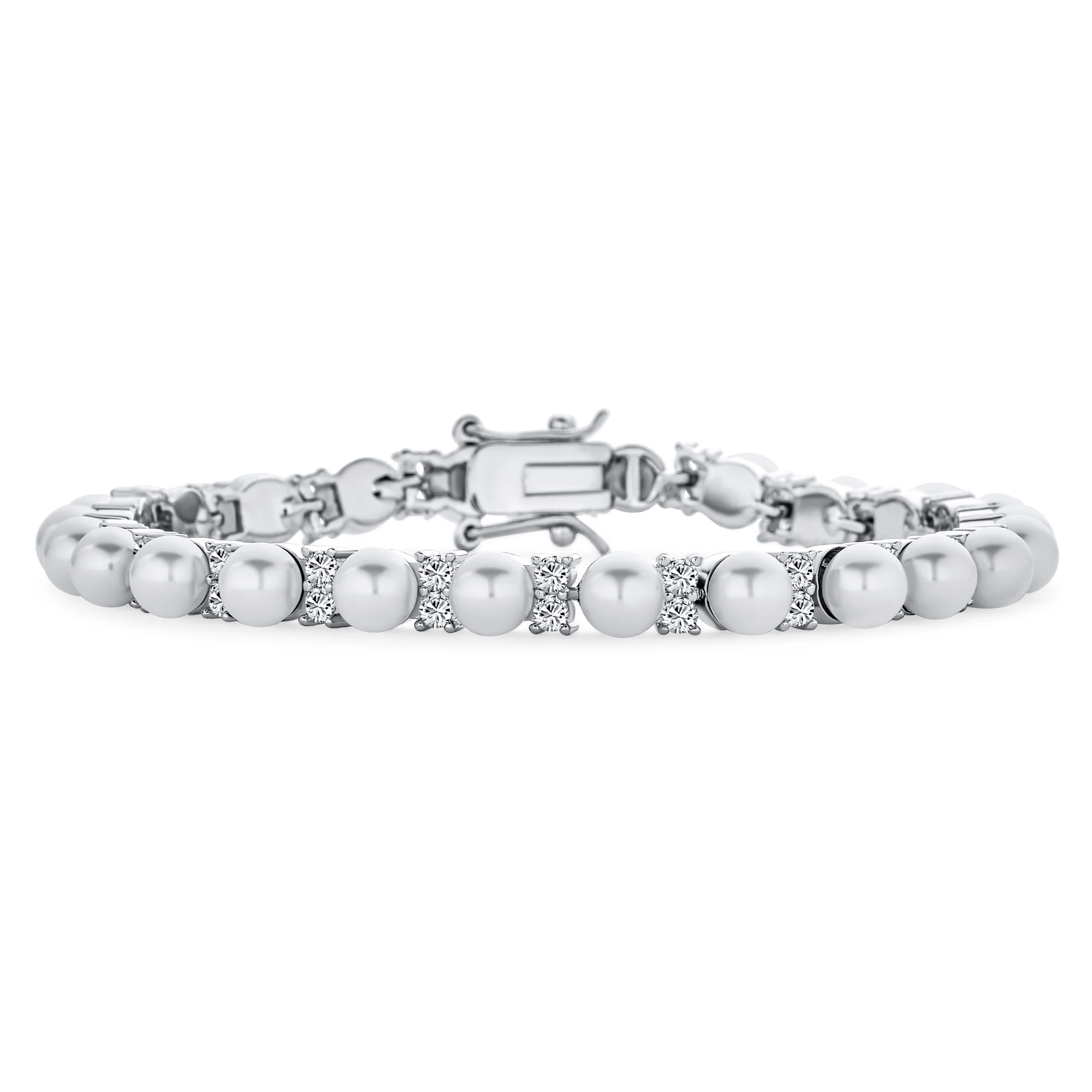Traditional Bridal CZ Accent Pearl Strand Bracelet Silver Plated 7.25 Inch