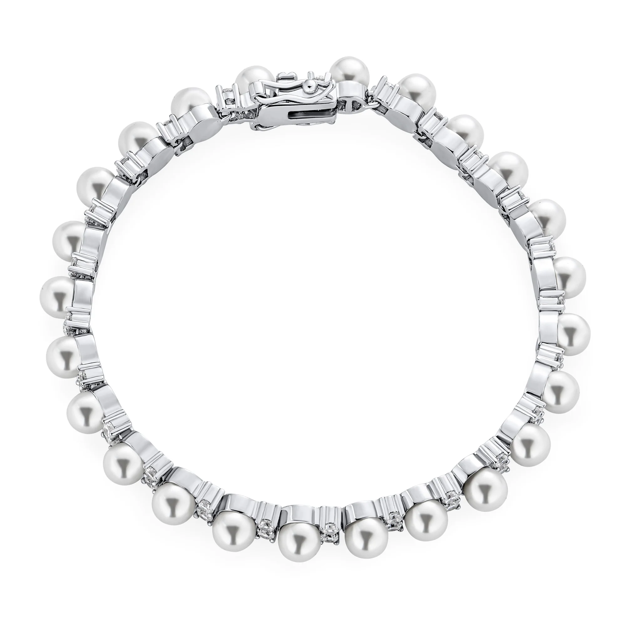 Traditional Bridal CZ Accent Pearl Strand Bracelet Silver Plated 7.25 Inch - Image 2