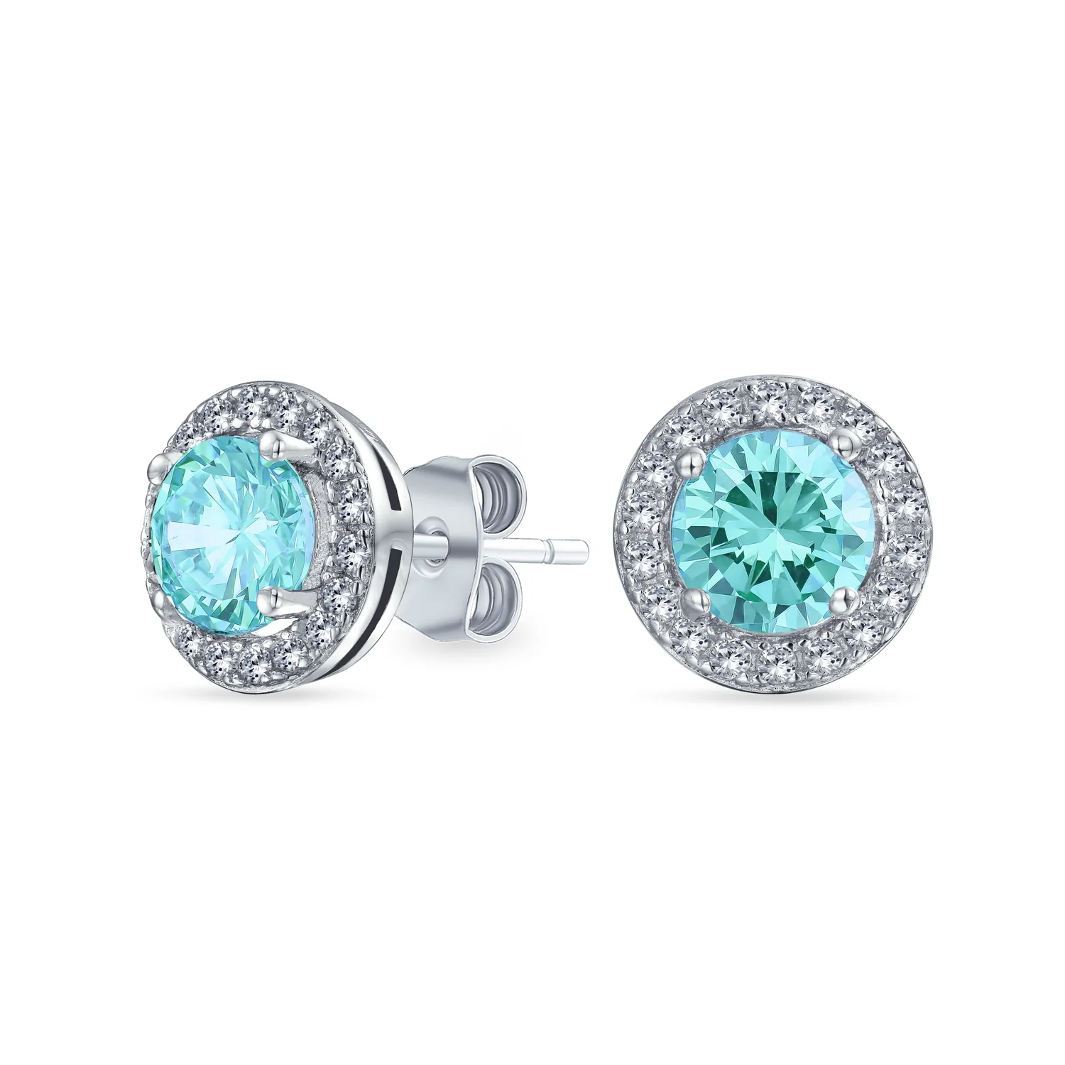 Round Solitaire Halo Purple CZ Stud Earrings.925 Sterling Silver 8MM
