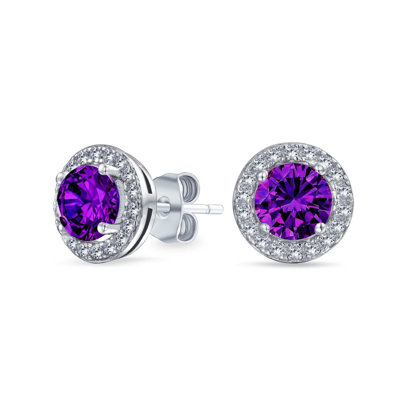 Round Solitaire Halo Purple CZ Stud Earrings.925 Sterling Silver 8MM - Image 3