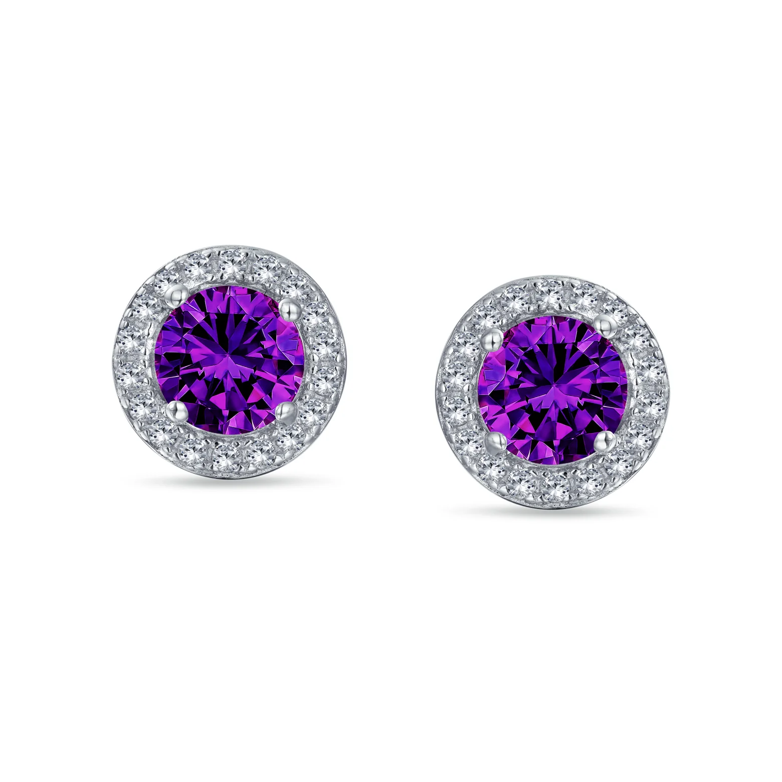 Round Solitaire Halo Purple CZ Stud Earrings.925 Sterling Silver 8MM - Image 7