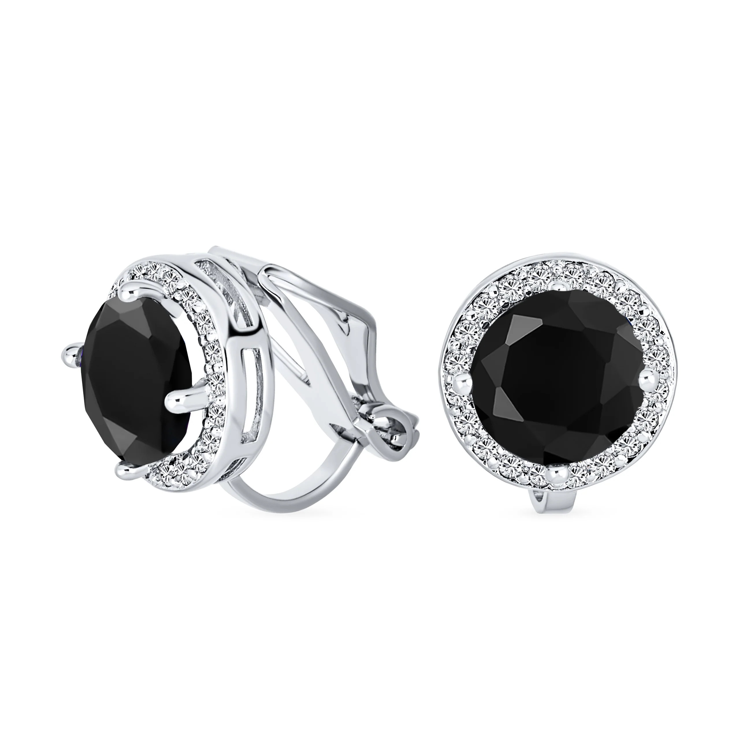 Traditional 2CT Round Black CZ Halo Clip-On Earrings Silver Plated 7MM