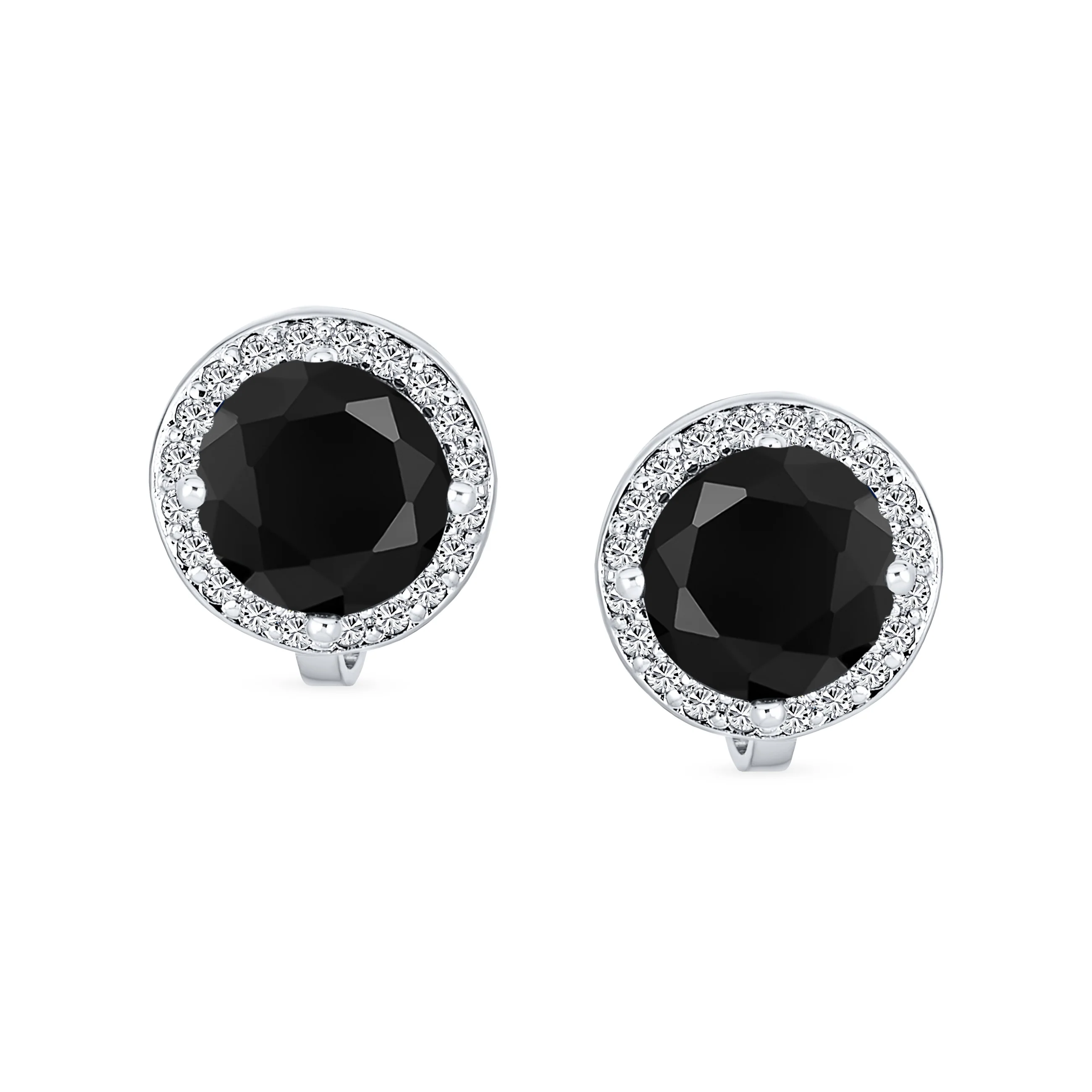 Traditional 2CT Round Black CZ Halo Clip-On Earrings Silver Plated 7MM - Image 5
