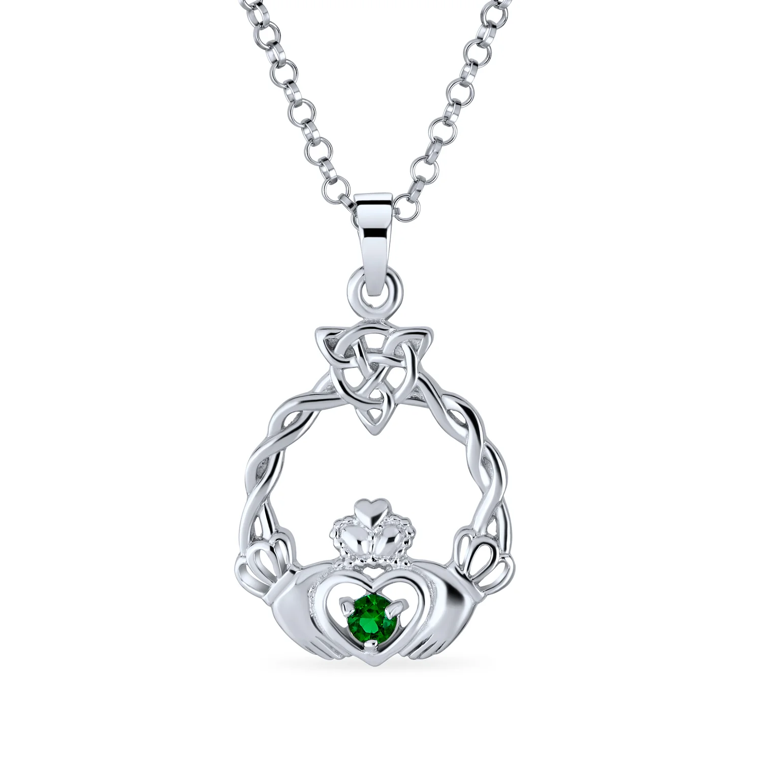 Traditional Irish Kelly Green CZ Celtic Love Knot Claddagh Pendant Necklace