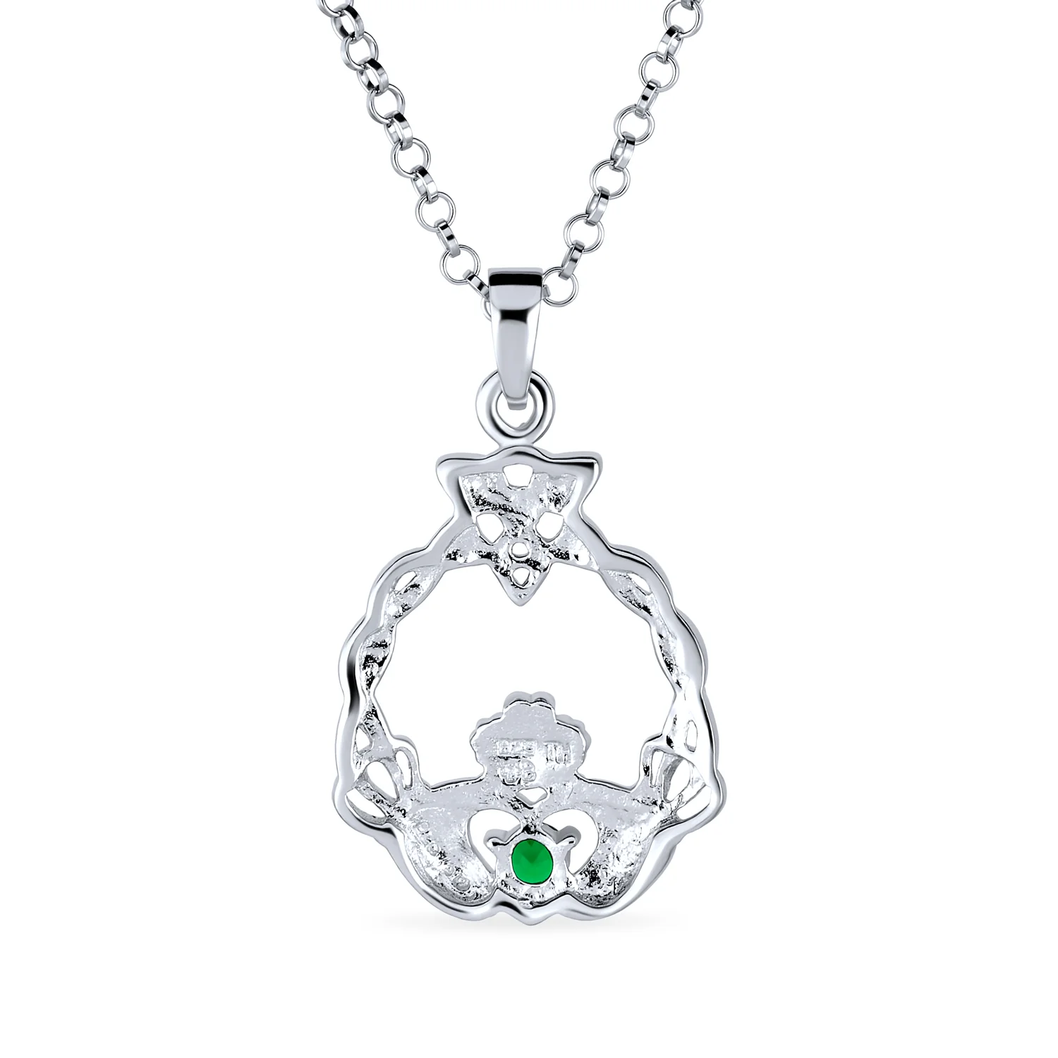 Traditional Irish Kelly Green CZ Celtic Love Knot Claddagh Pendant Necklace - Image 2