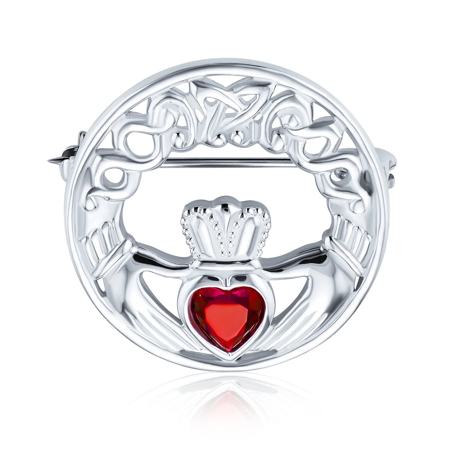 Celtic Round Circle Red Heart Shaped Claddagh Brooch Pin CZ .925 Sterling Silver