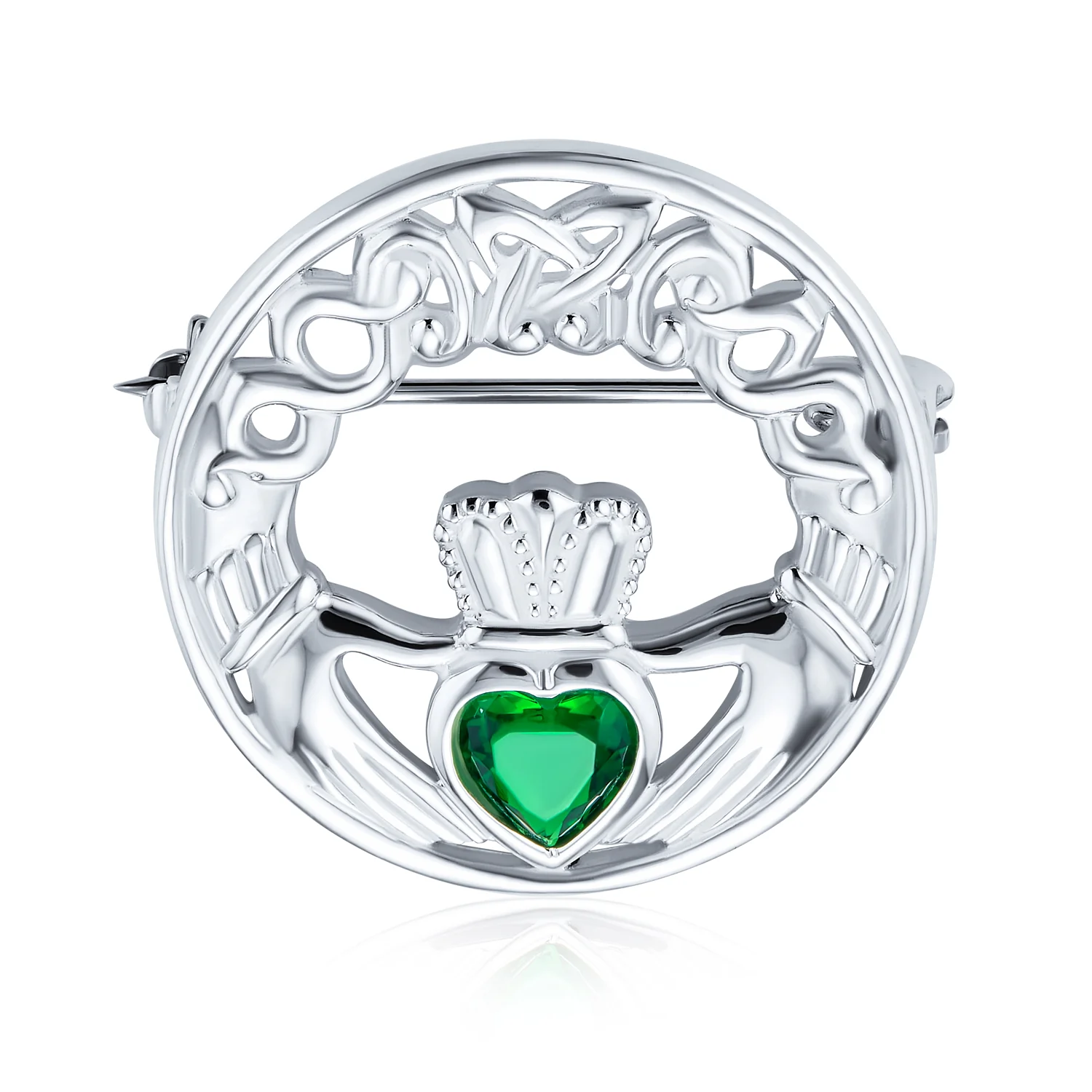Celtic Round Circle Red Heart Shaped Claddagh Brooch Pin CZ .925 Sterling Silver - Image 2
