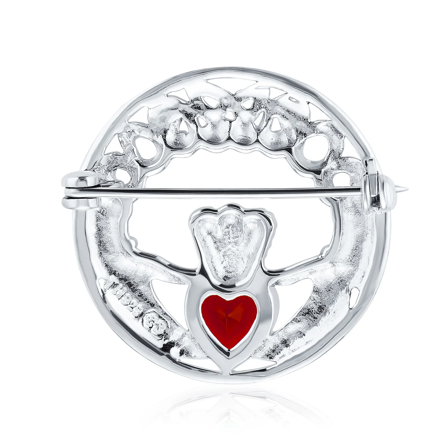 Celtic Round Circle Red Heart Shaped Claddagh Brooch Pin CZ .925 Sterling Silver - Image 3