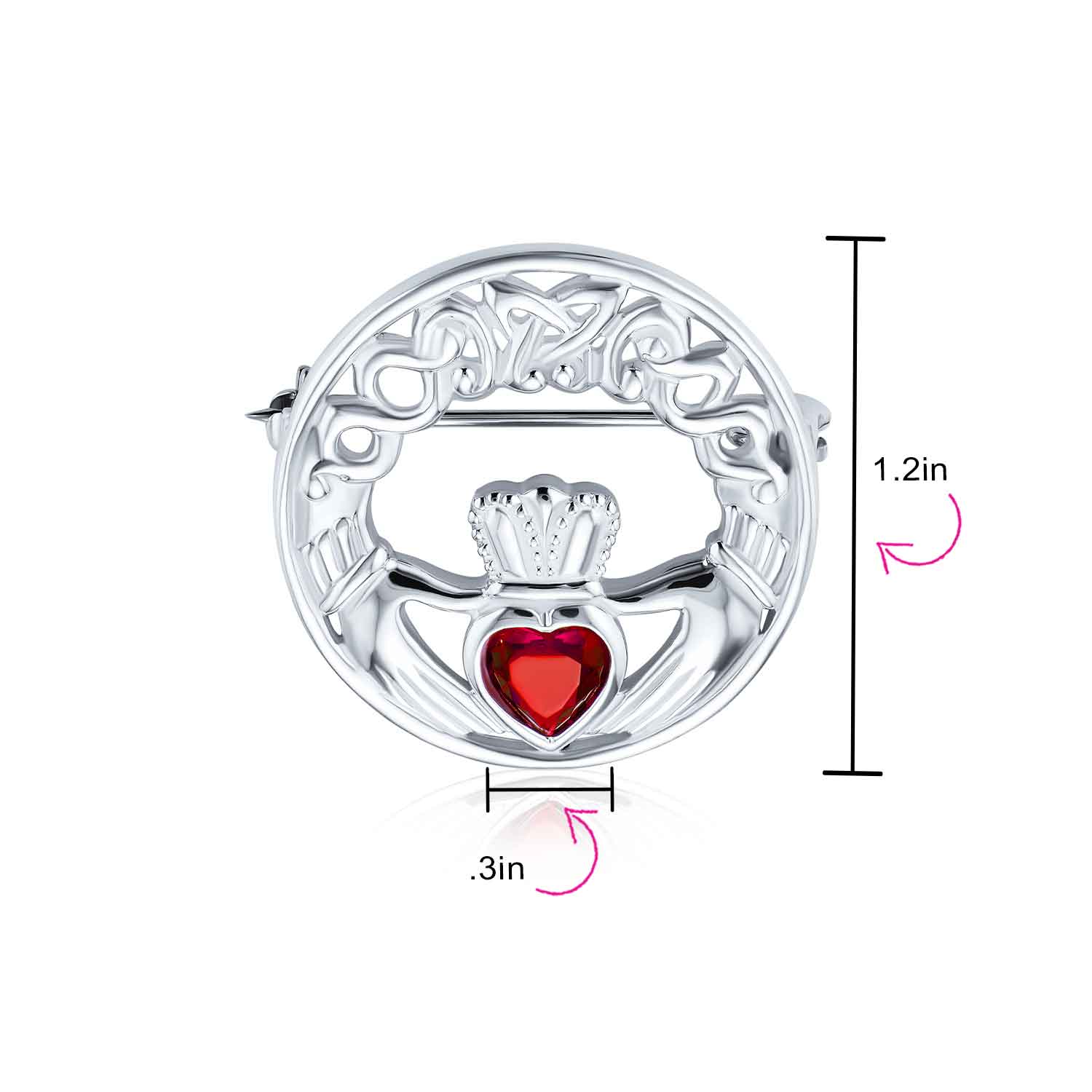 Celtic Round Circle Red Heart Shaped Claddagh Brooch Pin CZ .925 Sterling Silver - Image 7