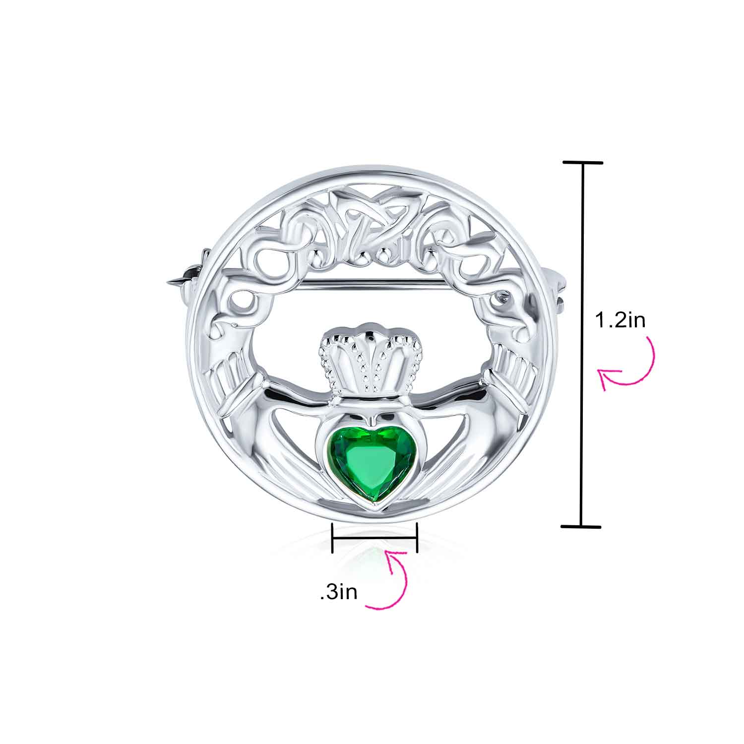 Celtic Round Circle Red Heart Shaped Claddagh Brooch Pin CZ .925 Sterling Silver - Image 8