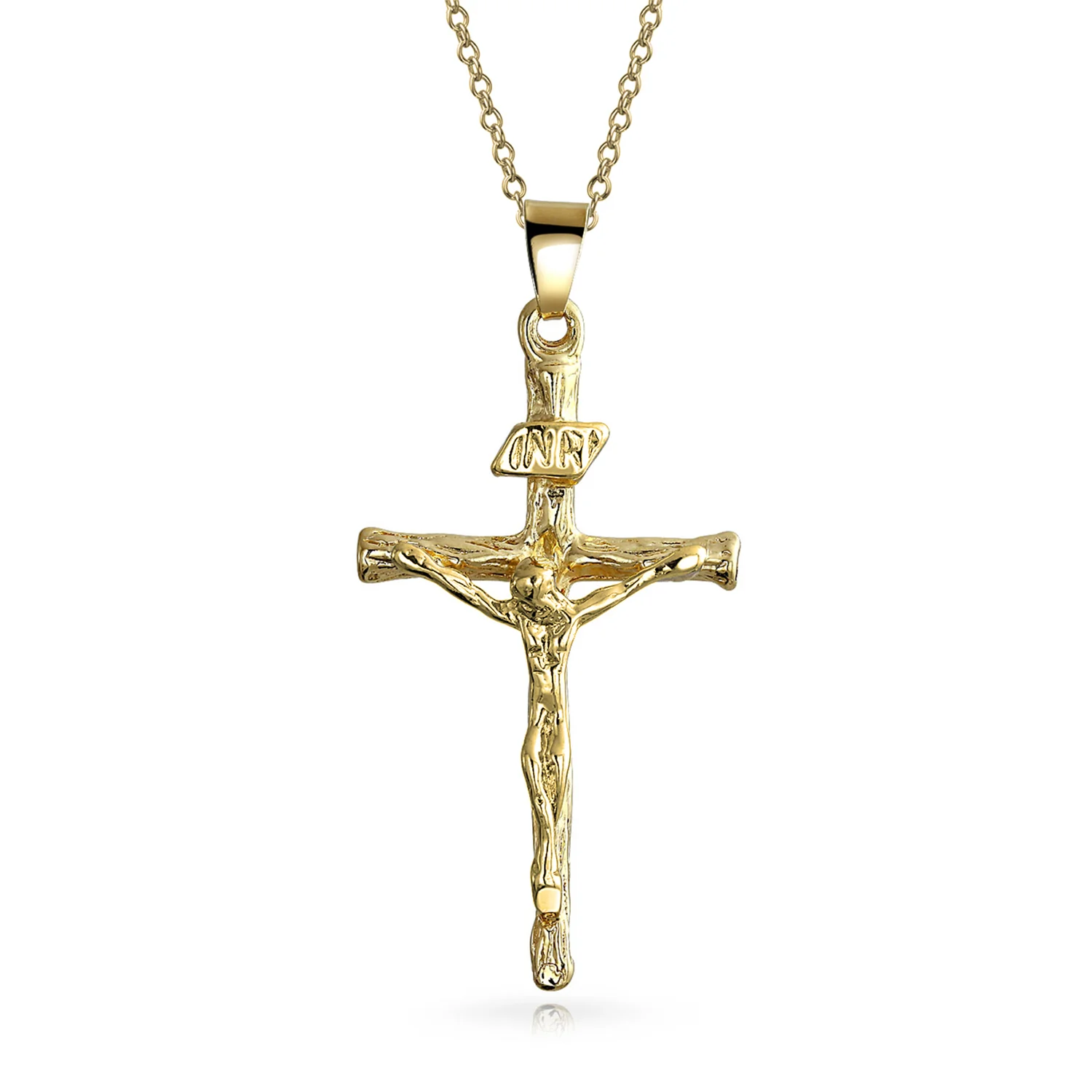 Traditional Jesus Inri Crucifix Cross Pendant Necklace Two Tone 18K Gold Plated - Image 2
