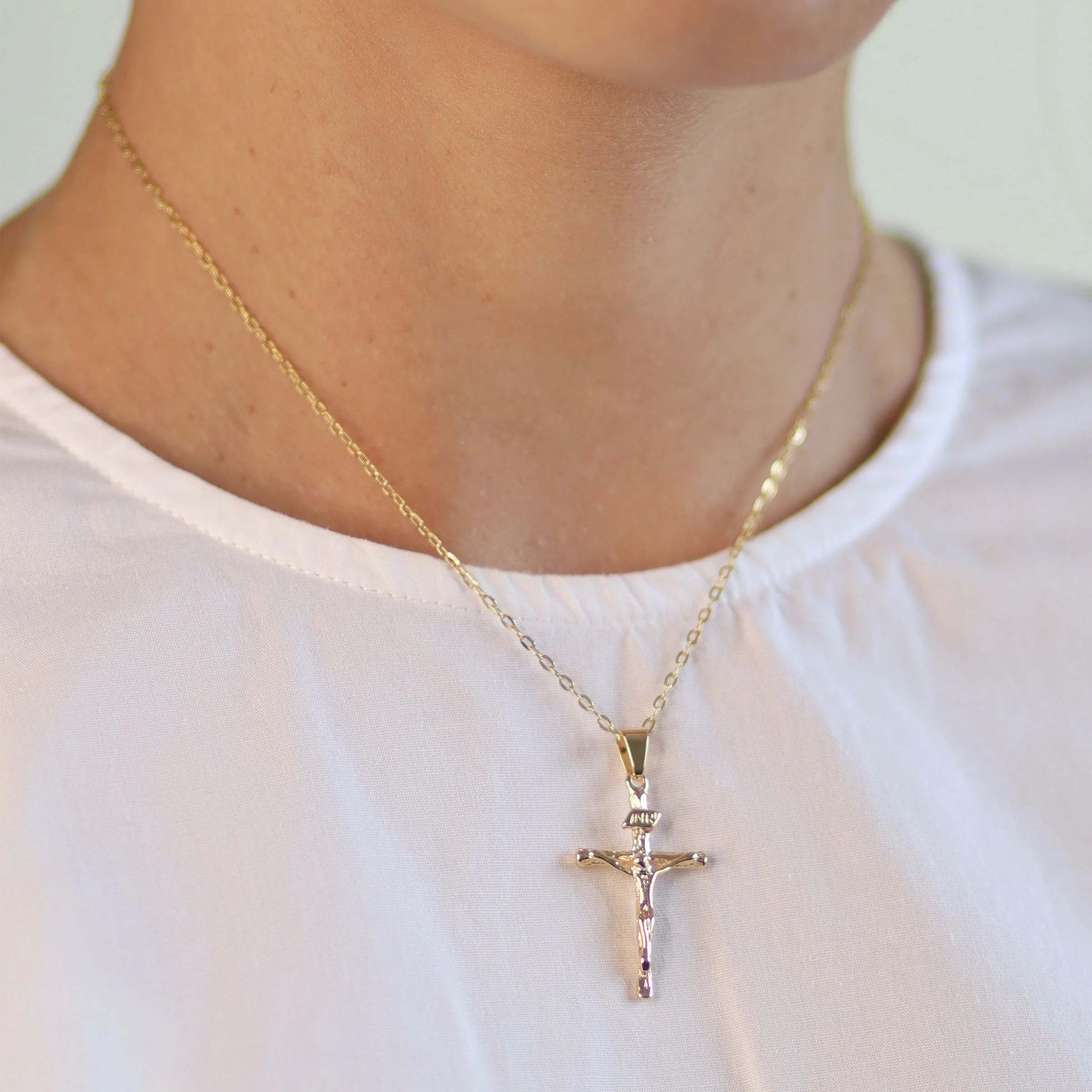 Traditional Jesus Inri Crucifix Cross Pendant Necklace Two Tone 18K Gold Plated - Image 4