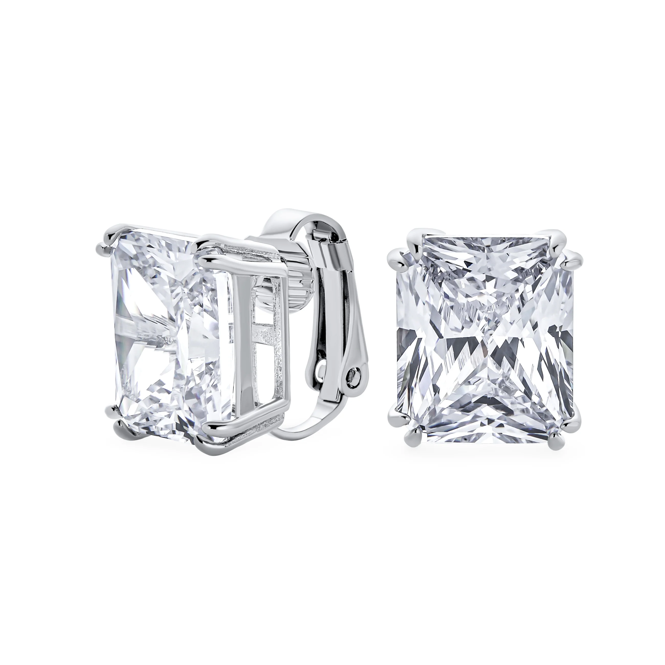 Traditional Large 7CT Emerald Cut CZ Clip-On Earrings Silver Plated Non-Pierced - Image 2