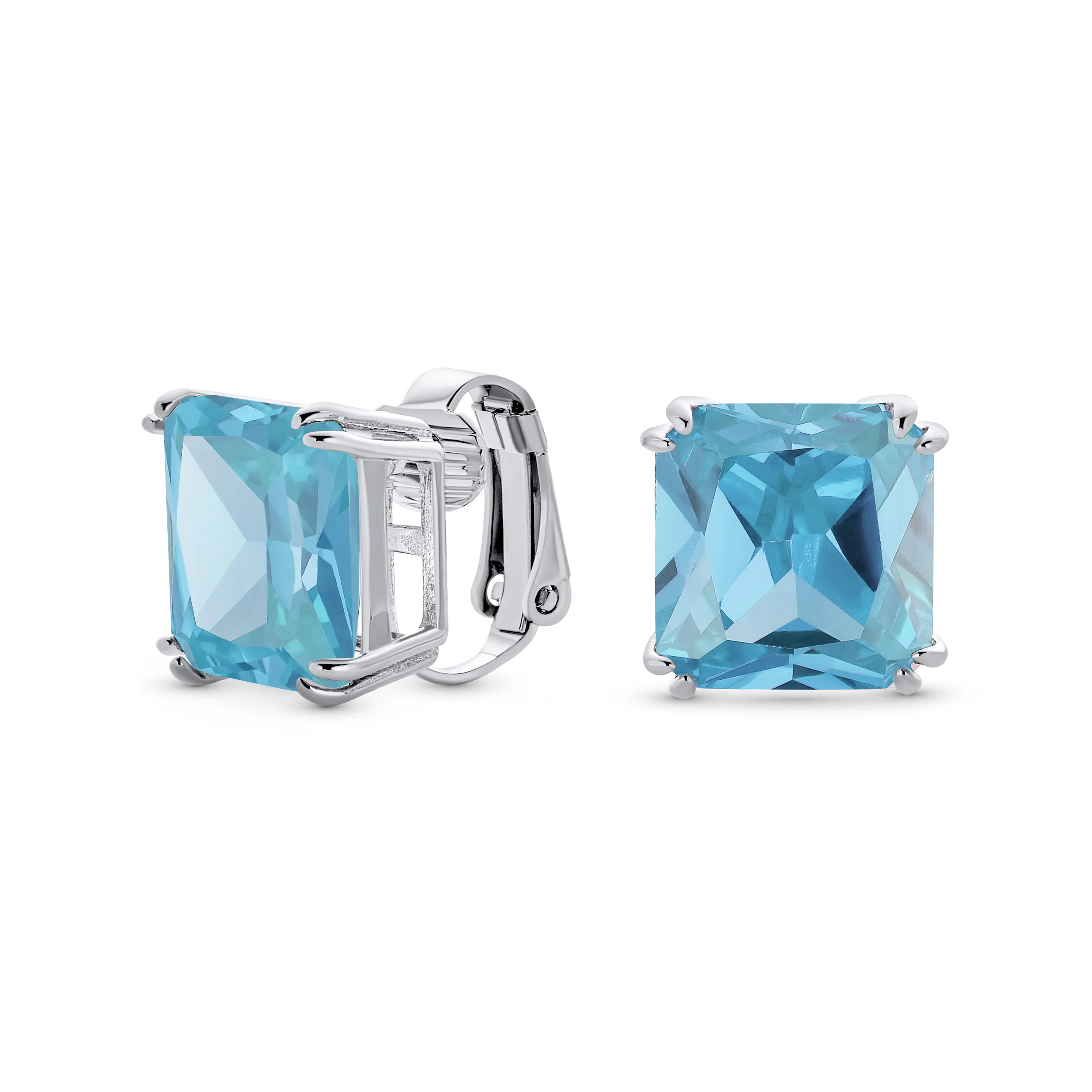 12MM Princess Cut Cubic Zirconia Aqua Blue CZ Solitaire Statement Clip On Stud Earrings Non Pierced