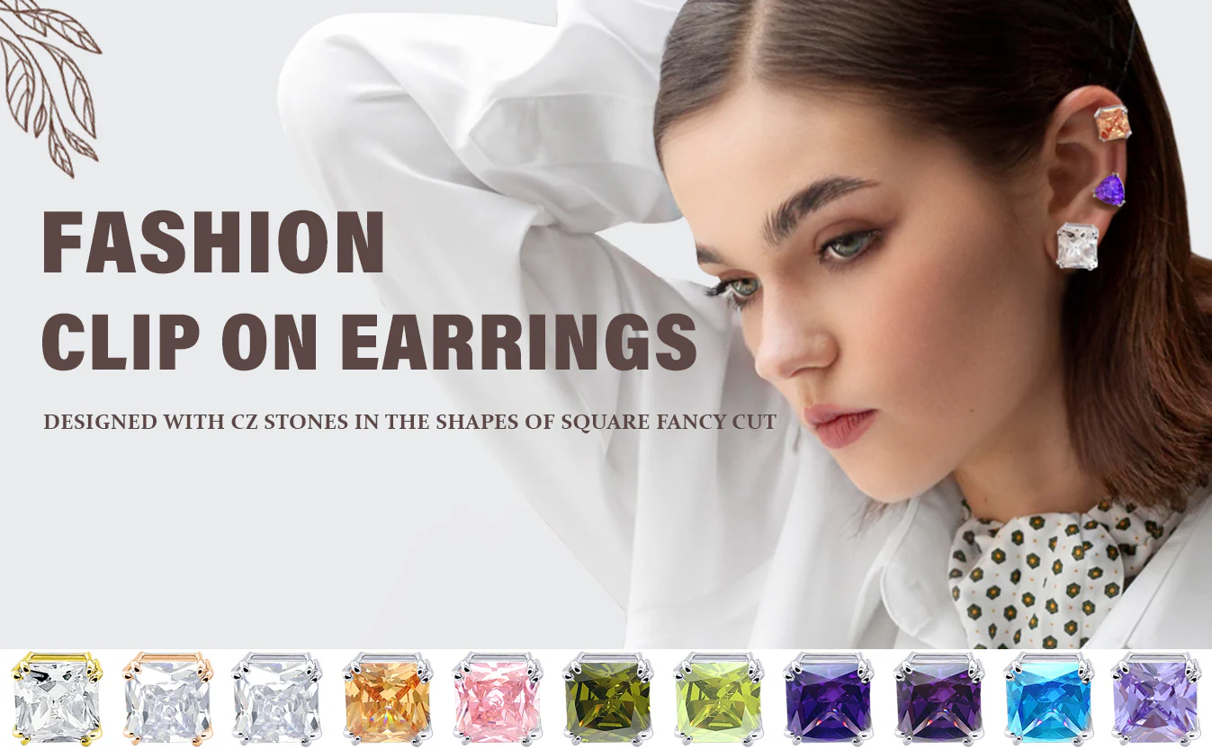 12MM Princess Cut Cubic Zirconia Aqua Blue CZ Solitaire Statement Clip On Stud Earrings Non Pierced - Image 36