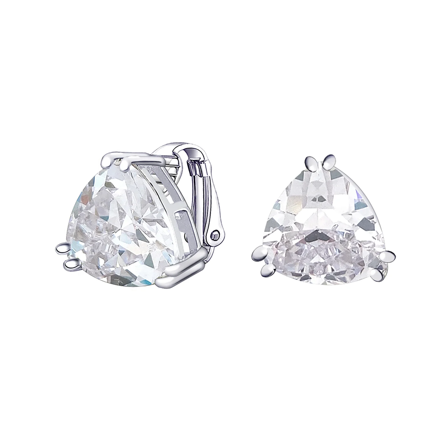 Traditional Large Triangle CZ Solitaire Clip-On Earrings Silver Plated 12MM - Image 4