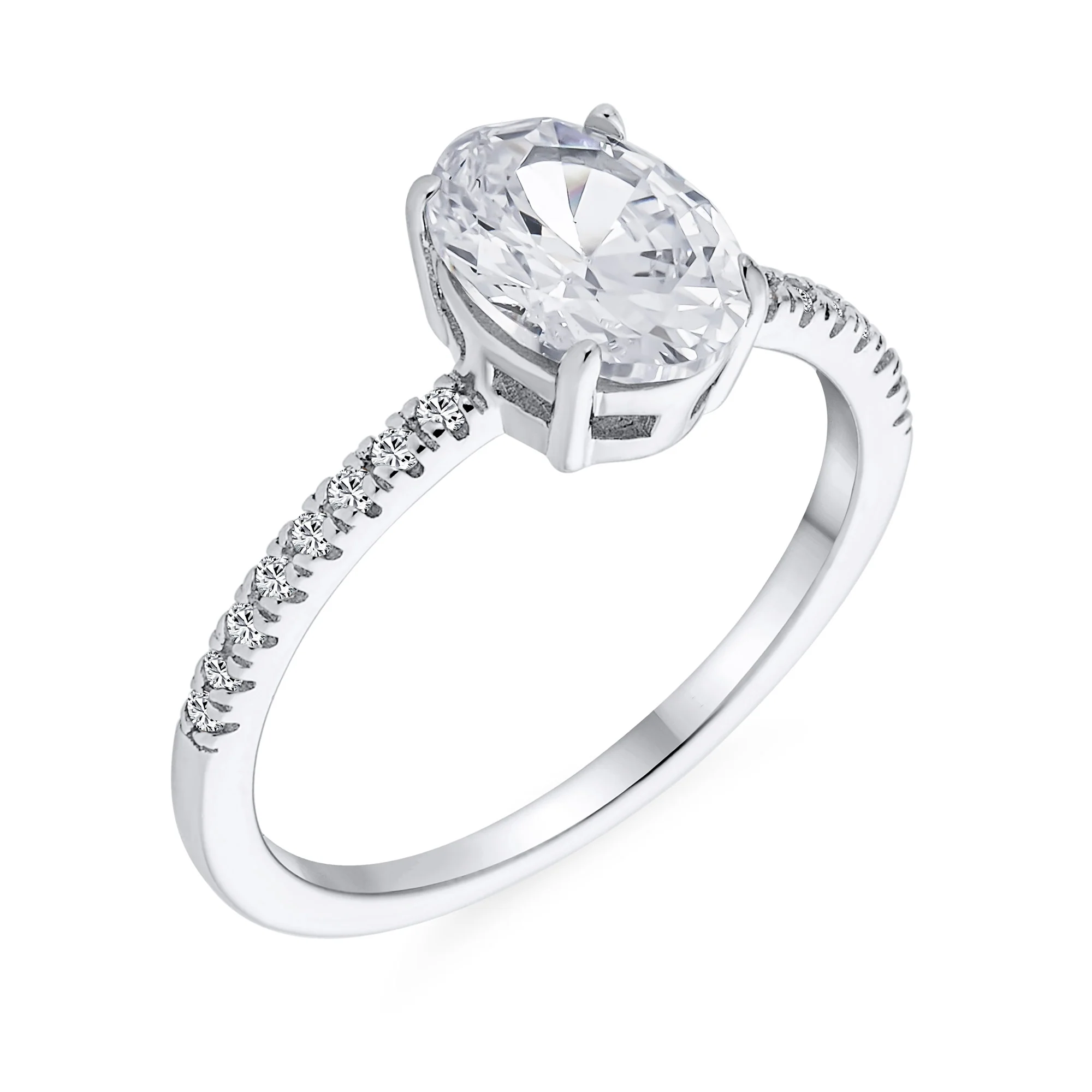 Classic .925 Sterling Silver 2CT Oval CZ Solitaire Engagement Ring with Pave Thin Band