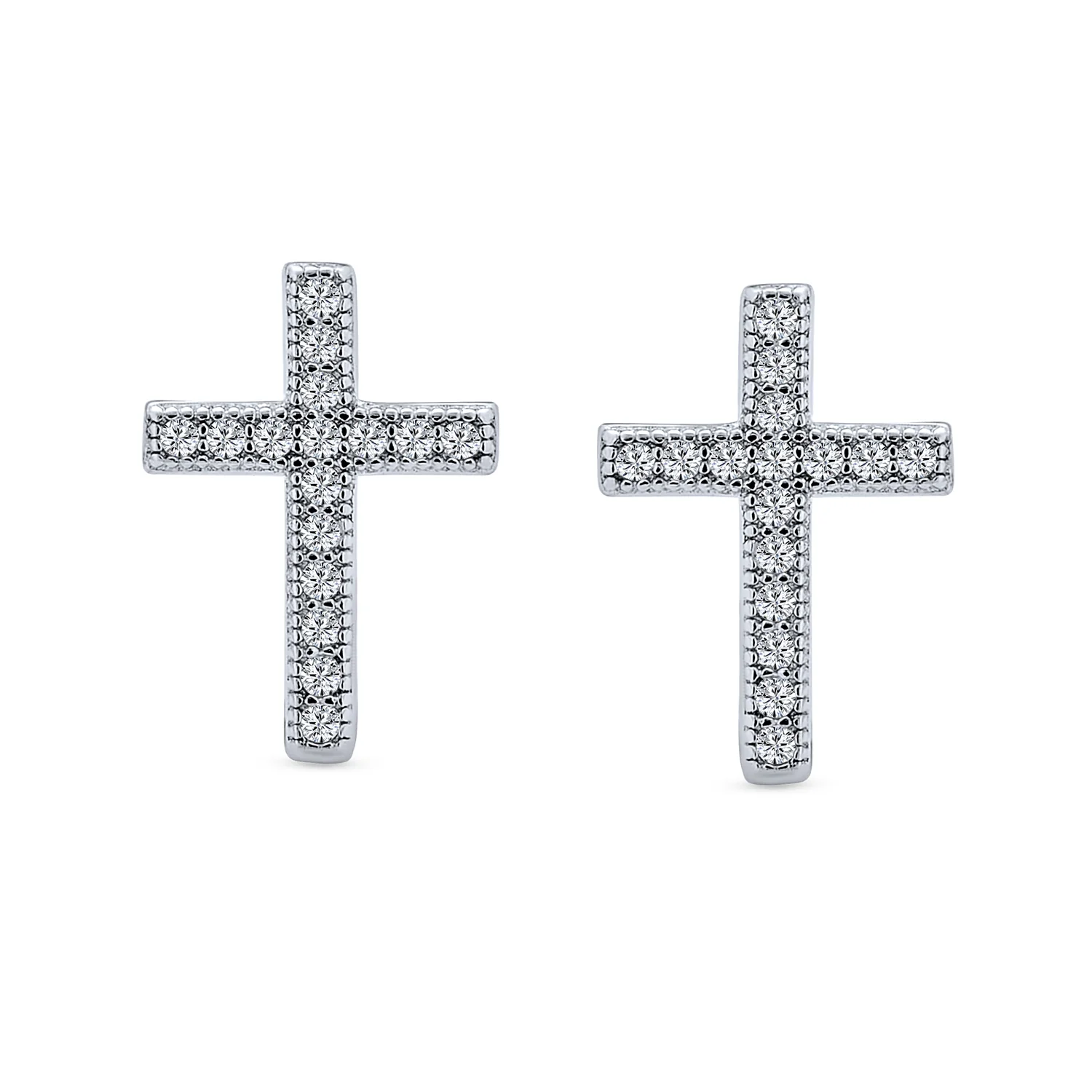 Religious Cross CZ Stud Earrings Micro Pave Cubic Zirconia Sterling Silver - Image 2