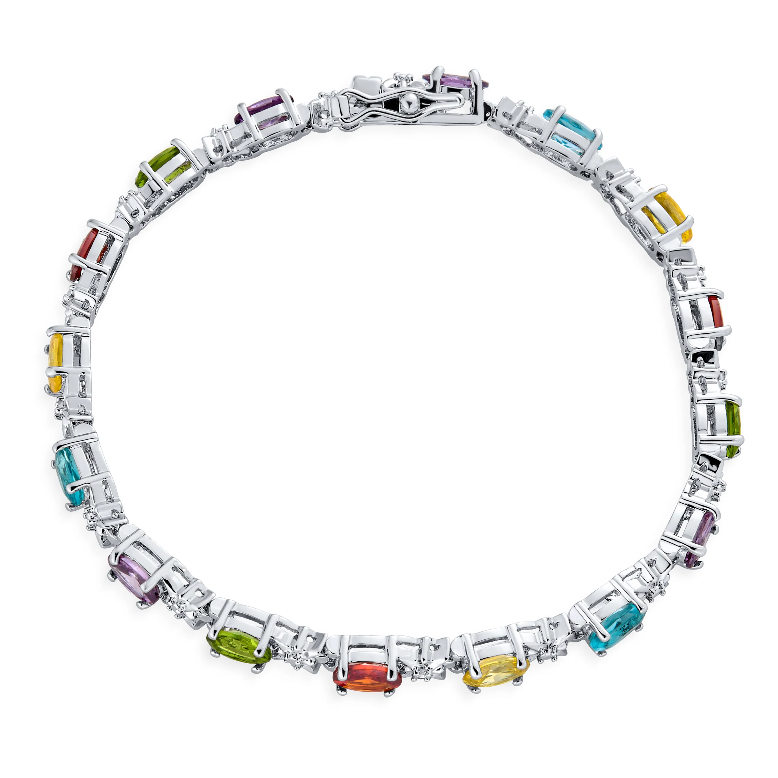 12 CTW Cubic Zirconia Oval CZ Colorful Multi Color Tennis Bracelet 7-7.5 Inch Silver Plated - Image 2