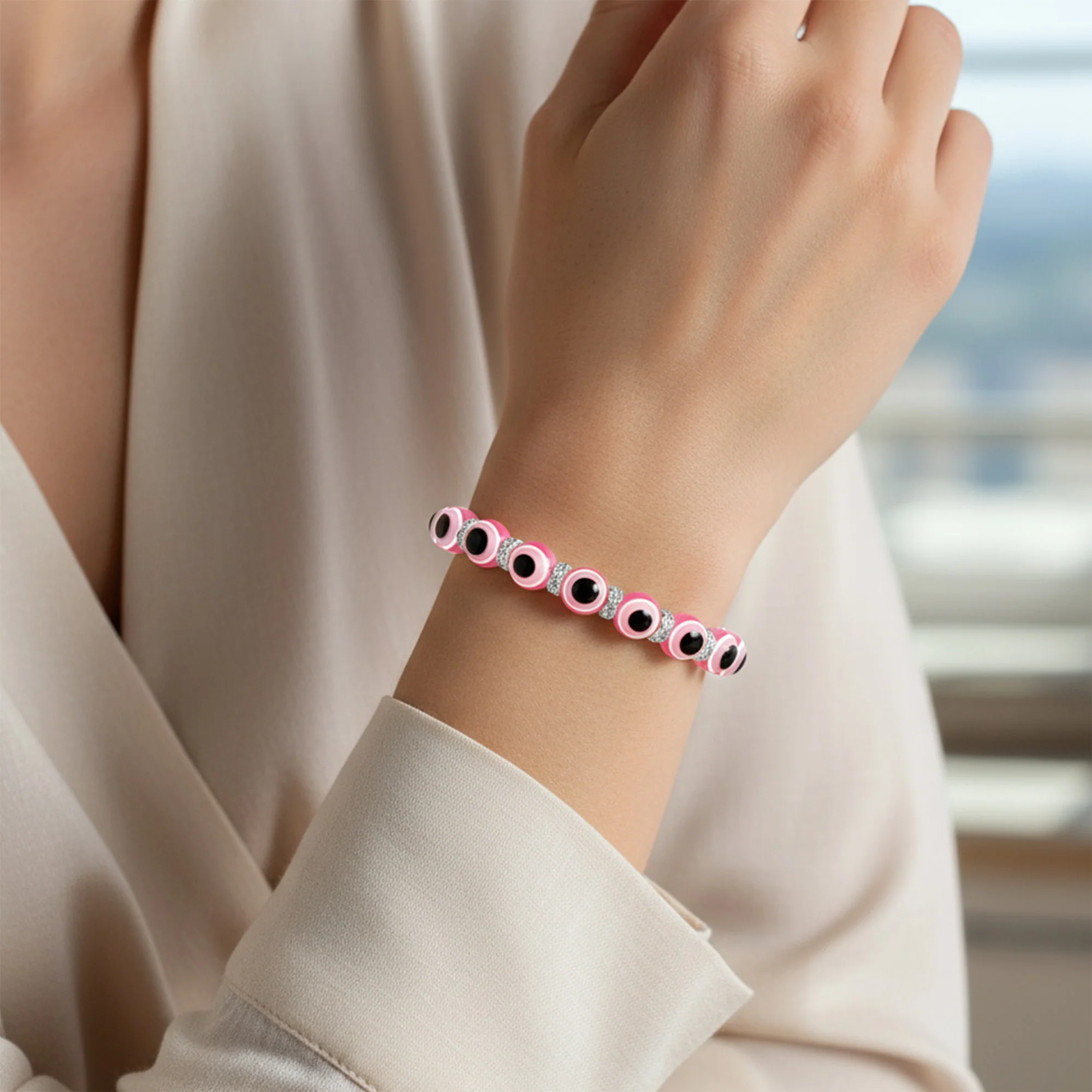 Translucent Turkish Glass Bead Evil Eye Stretch Bracelet with Crystal Spacers - Image 3
