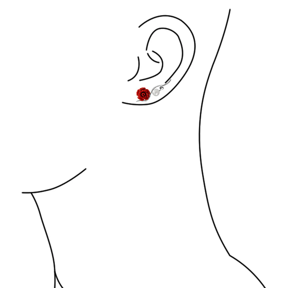 White Freshwater Cultured Pearl 3D Pink Rose Flower Climbers Crawlers Earrings .925 Sterling Silver - Image 5