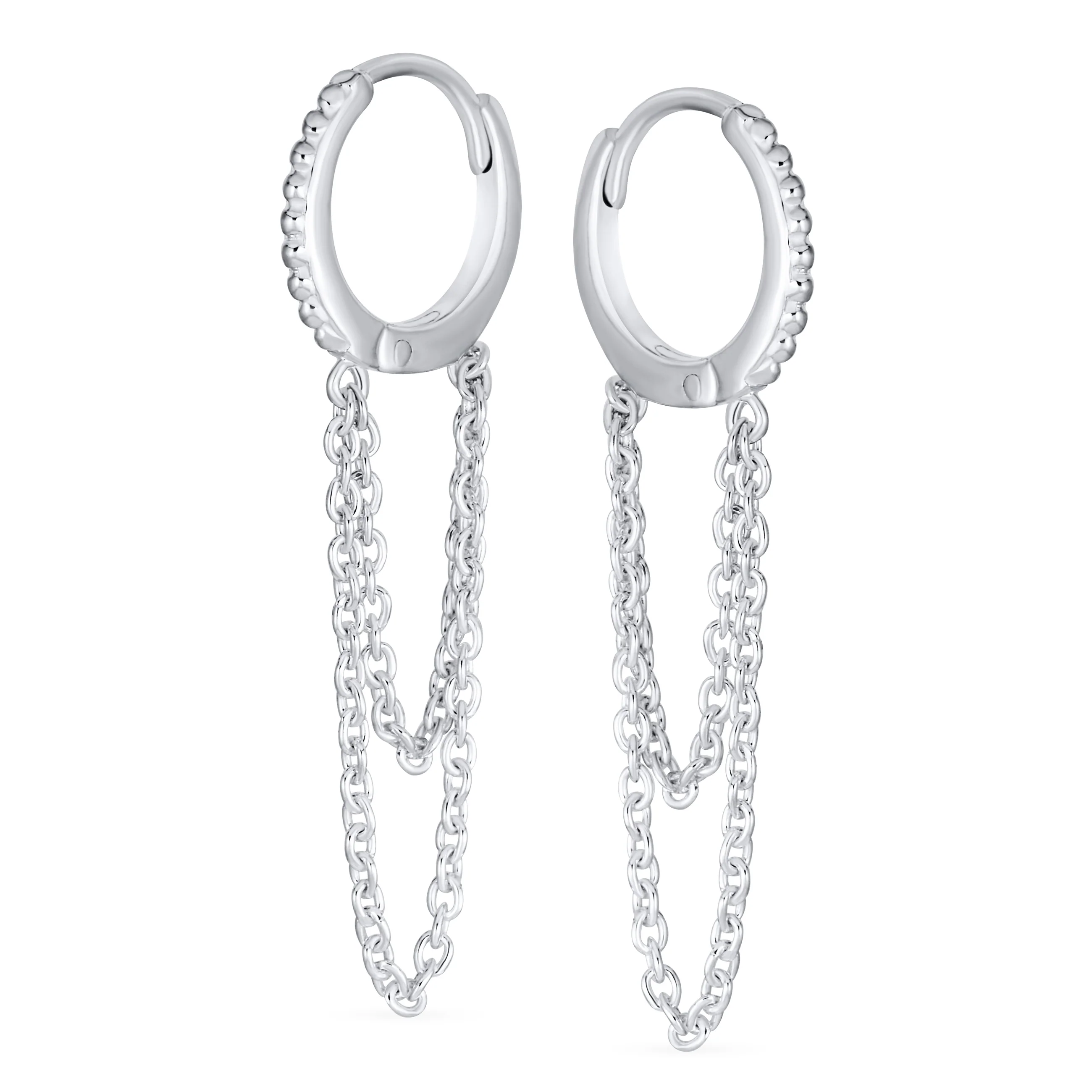 Trendy Dainty CZ Hoop Earrings with Pave Accent and Double Chain Sterling Silver - Image 2