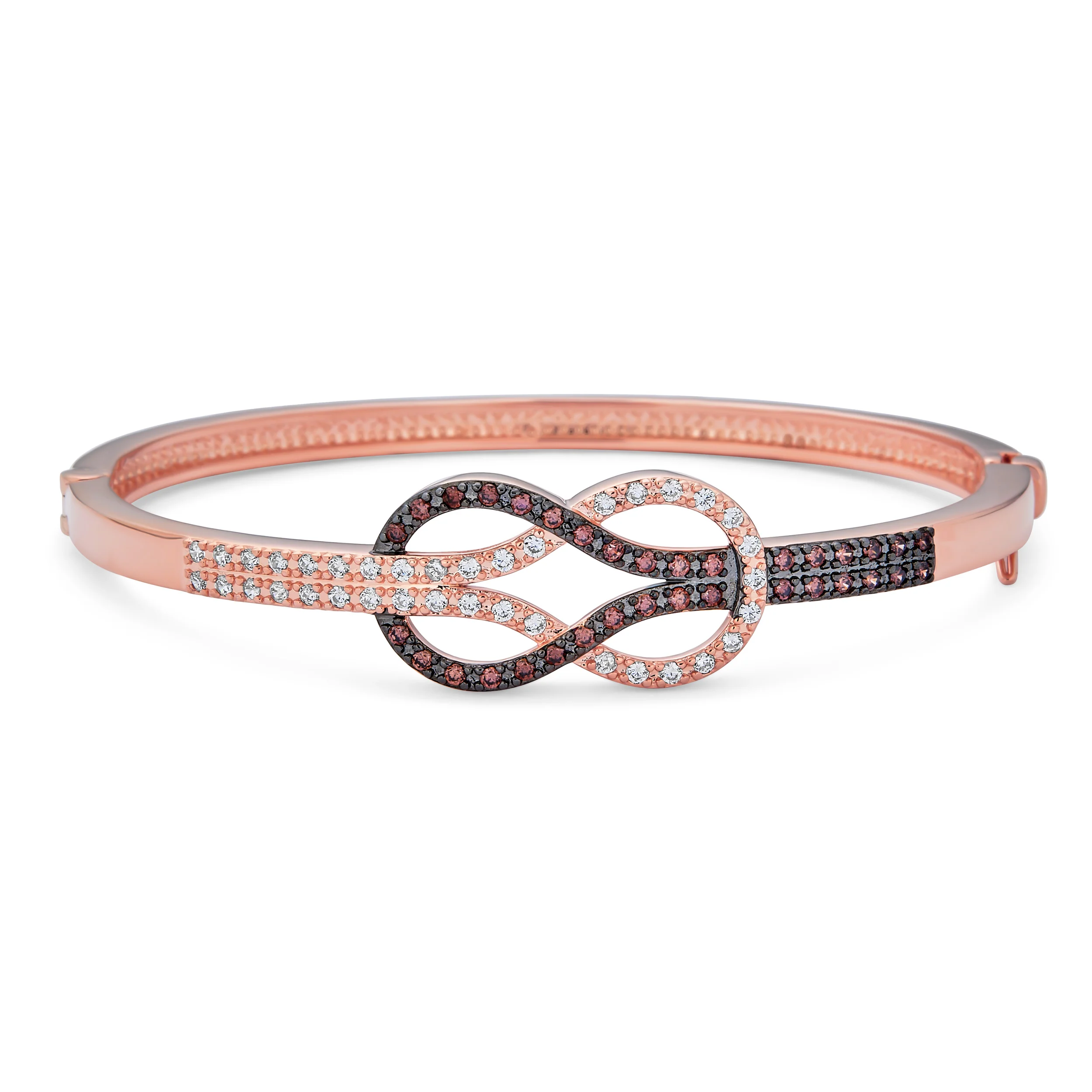 Tri-Tone CZ Infinity Bangle Bracelet & Rose Stud Earrings Set Rose Gold Plated - Image 3