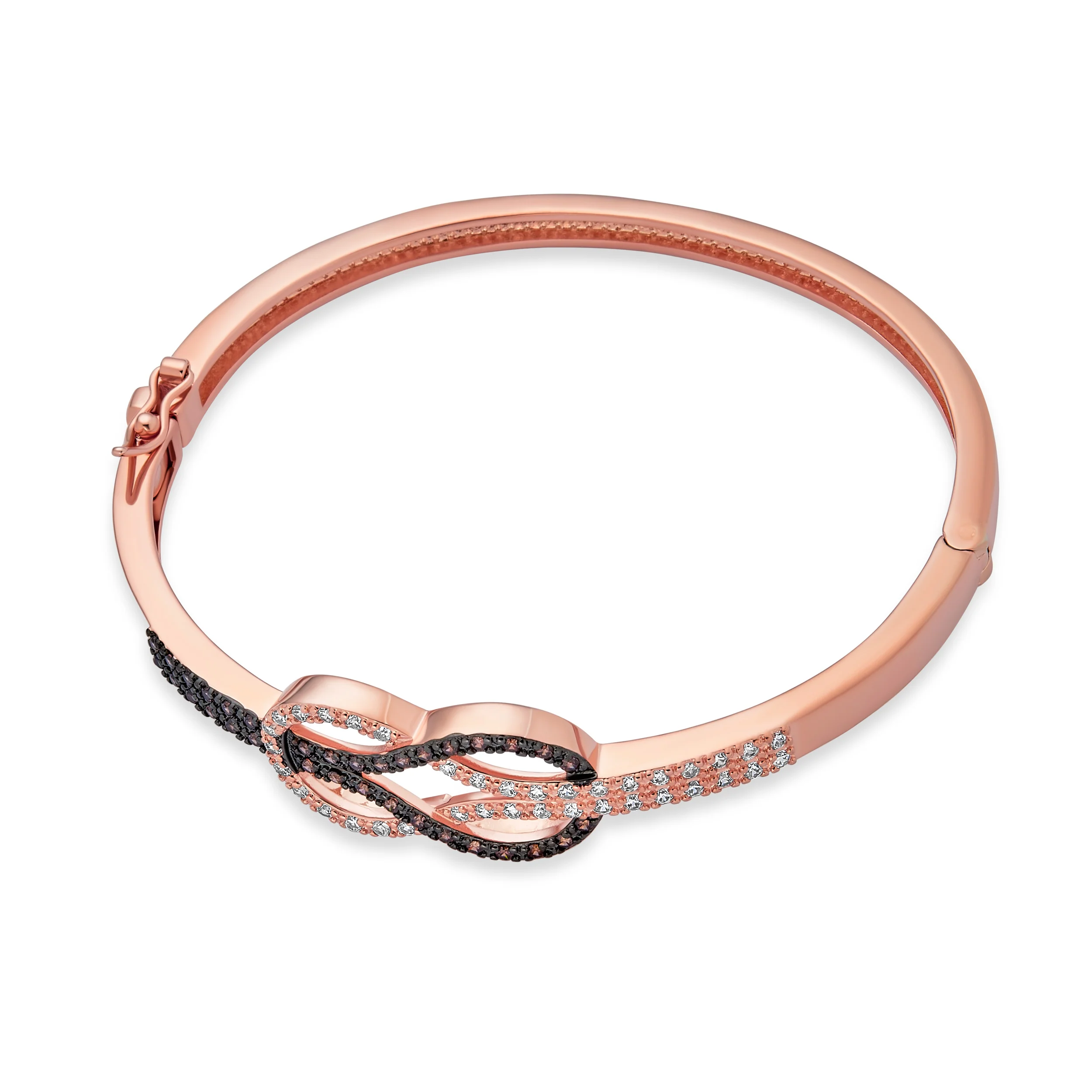Tri-Tone CZ Infinity Bangle Bracelet & Rose Stud Earrings Set Rose Gold Plated - Image 4