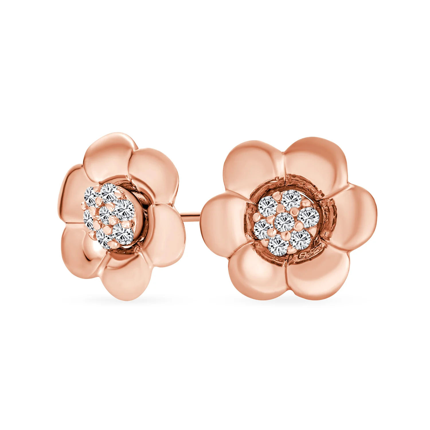 Tri-Tone CZ Infinity Bangle Bracelet & Rose Stud Earrings Set Rose Gold Plated - Image 5