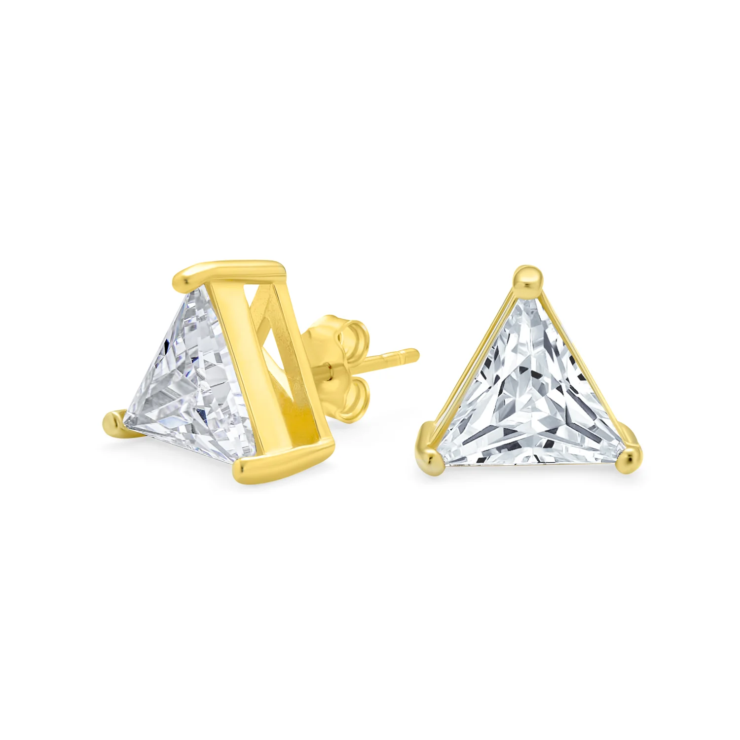Triangle CZ Stud Earrings for Men, Yellow Gold Sterling Silver, 3 Prong Set - Image 2