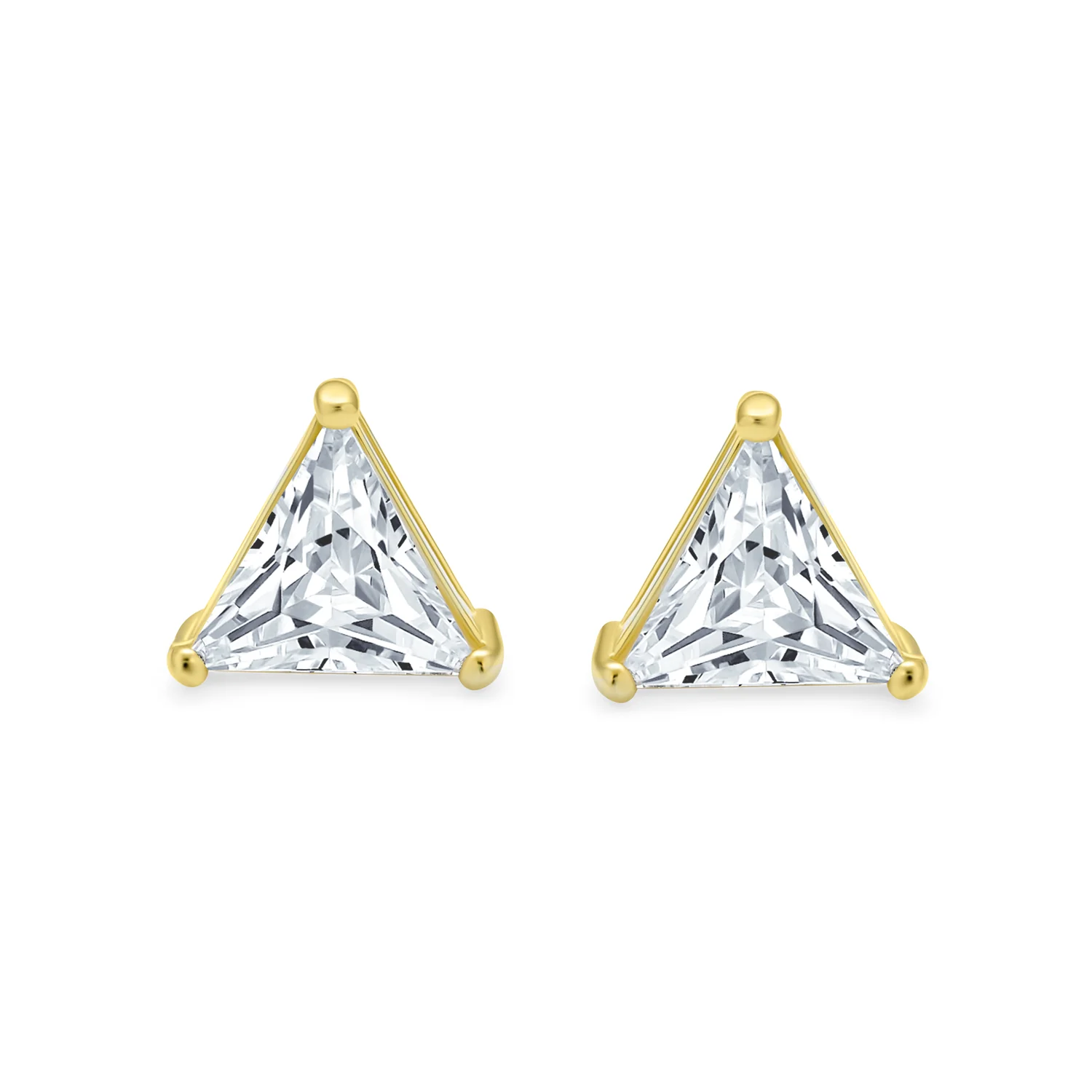 Triangle CZ Stud Earrings for Men, Yellow Gold Sterling Silver, 3 Prong Set - Image 4