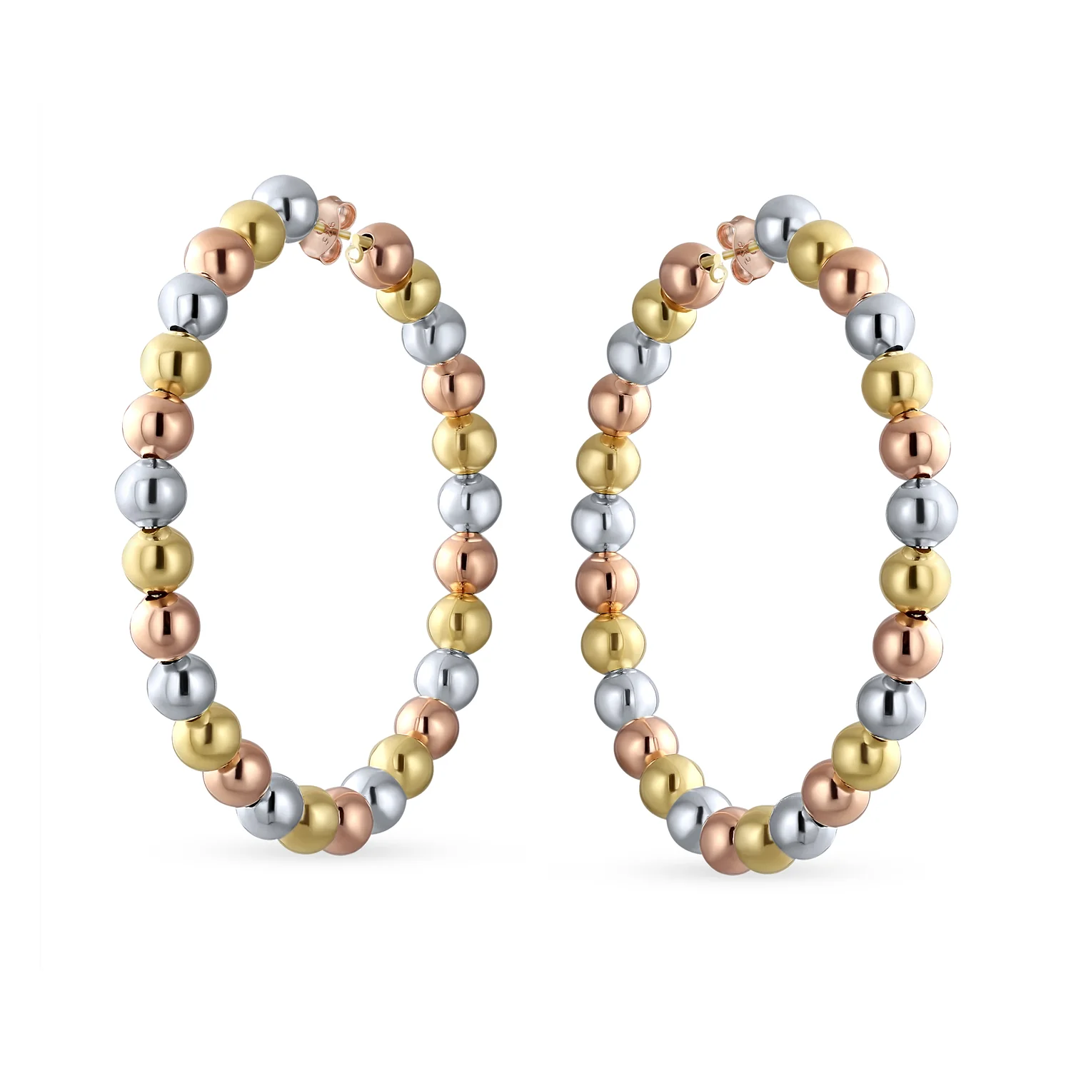 Tri Color Bead Hoop Huggie Earrings 18K Gold Plated 2.2 Inch Latch Back Closure - Image 2