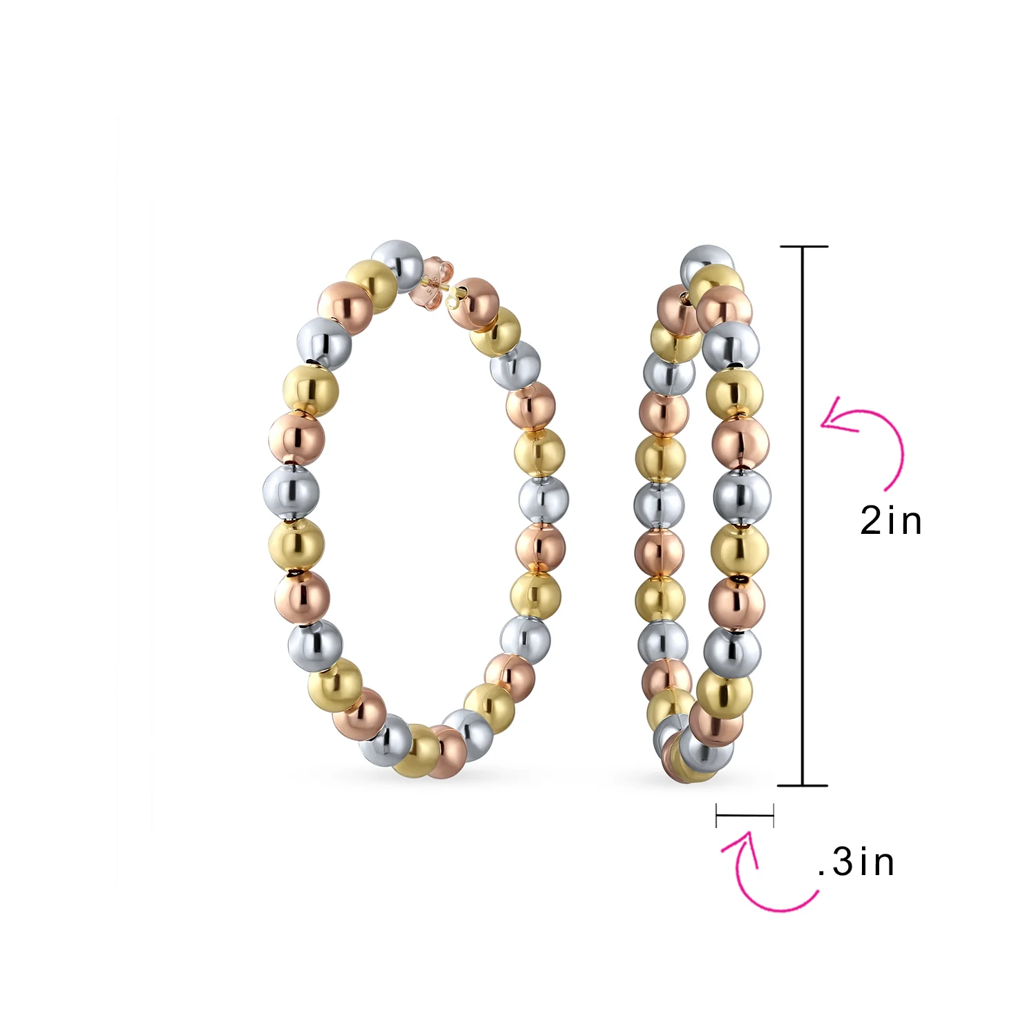 Tri Color Bead Hoop Huggie Earrings 18K Gold Plated 2.2 Inch Latch Back Closure - Image 4
