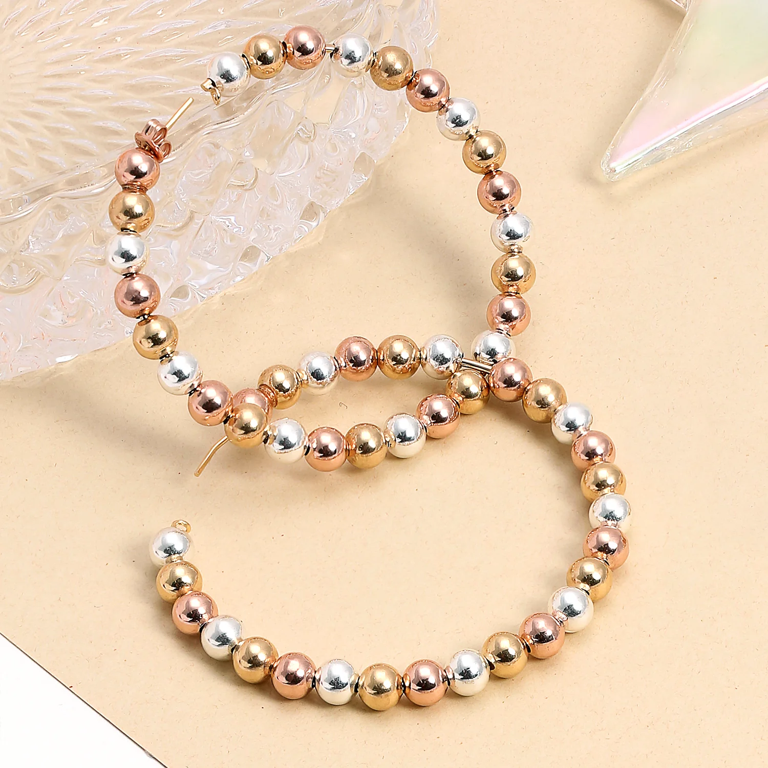 Tri Color Bead Hoop Huggie Earrings 18K Gold Plated 2.2 Inch Latch Back Closure - Image 5