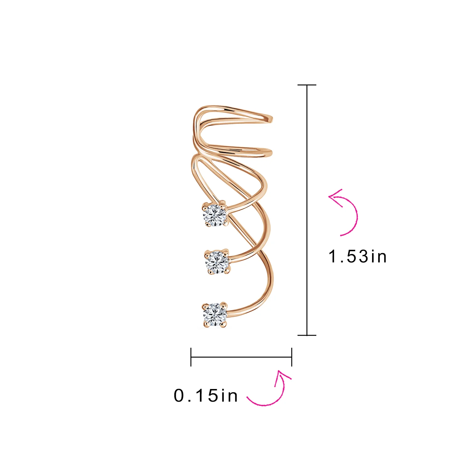 Triple Spiral CZ Curved Crawlers Ear Cuff Cartilage Earrings Gold Plated Silver - Image 12