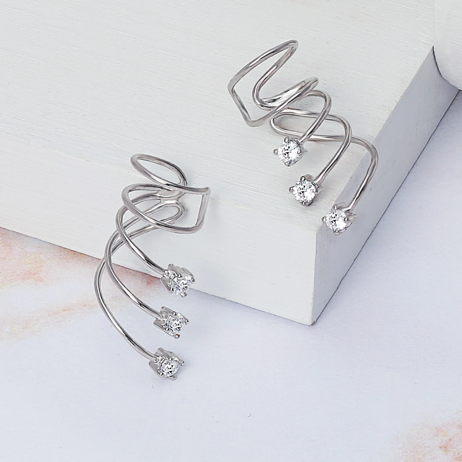 Triple Spiral CZ Curved Crawlers Ear Cuff Cartilage Earrings Gold Plated Silver - Image 14
