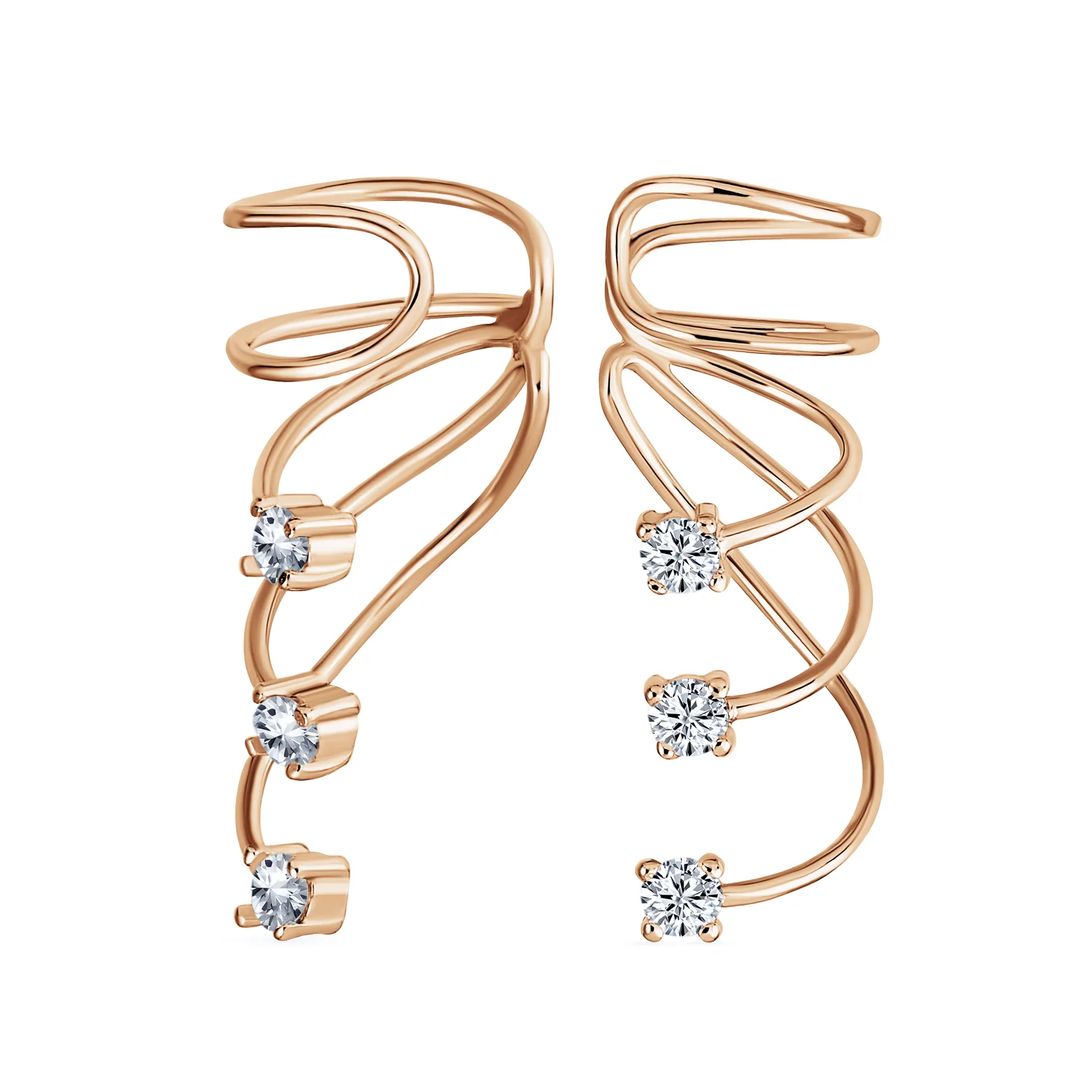Triple Spiral CZ Curved Crawlers Ear Cuff Cartilage Earrings Gold Plated Silver - Image 3