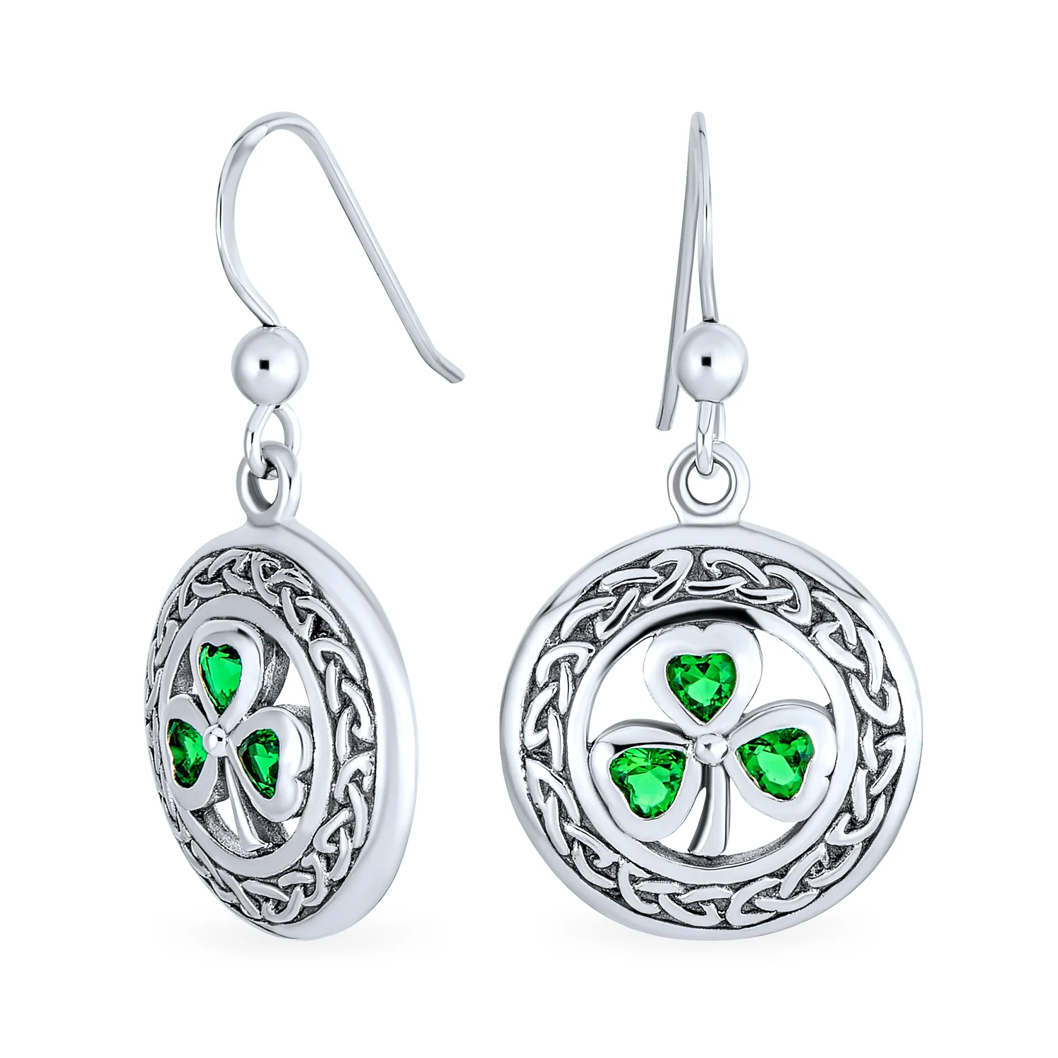 Good Luck Celtic Knot Circle Green Clover Dangle Earrings .925 Sterling Silver