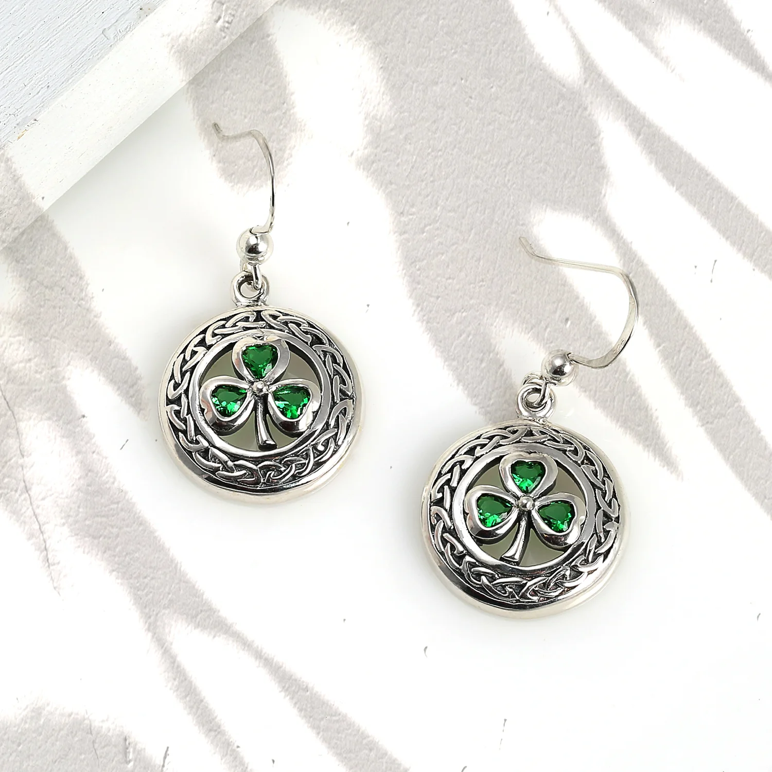 Good Luck Celtic Knot Circle Green Clover Dangle Earrings .925 Sterling Silver - Image 4