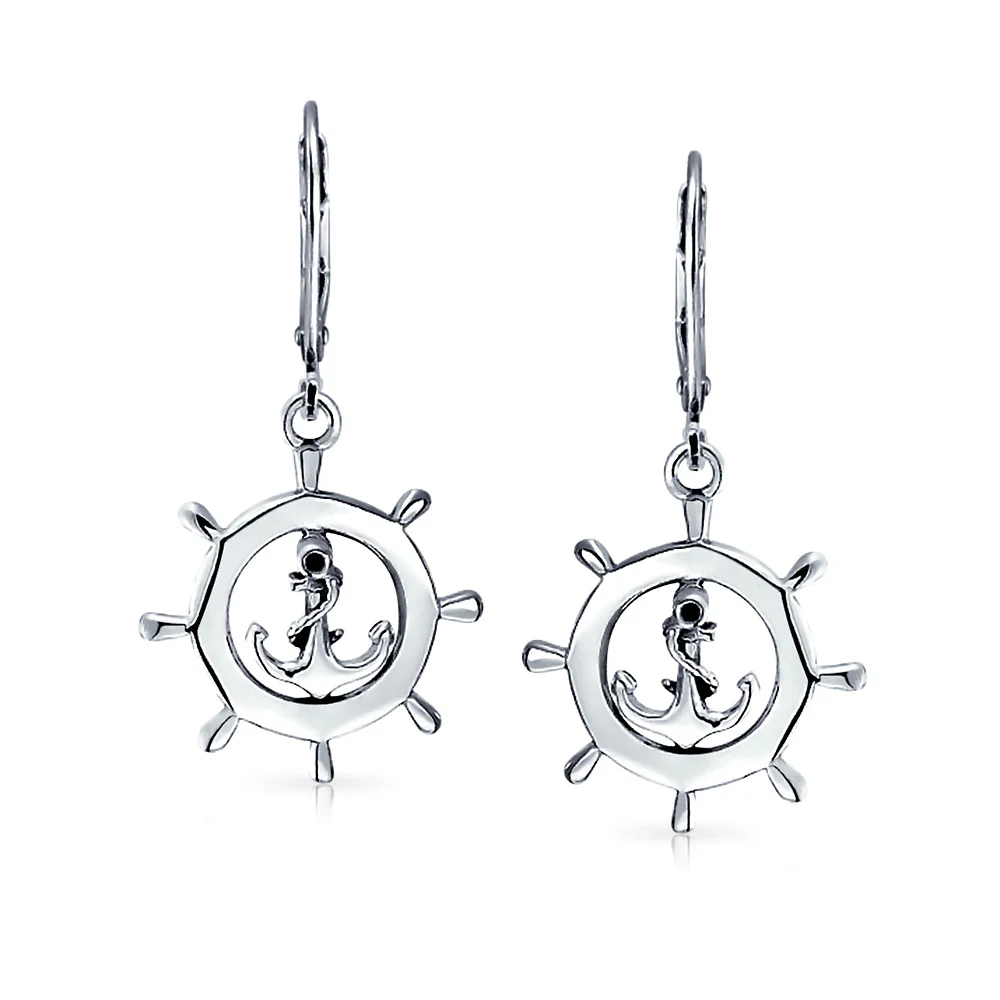 Tropical Beach Nautical Anchor Lever Back Dangle Earrings in Sterling Silver - Image 3