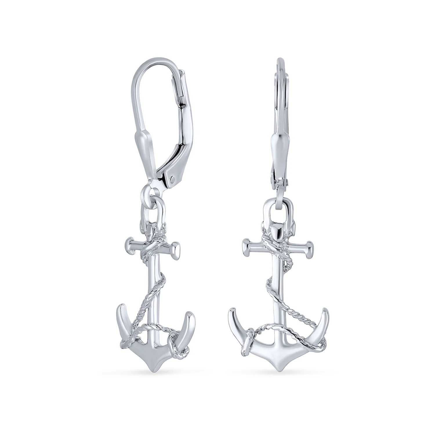 Tropical Beach Nautical Anchor Lever Back Dangle Earrings .925 Sterling Silver