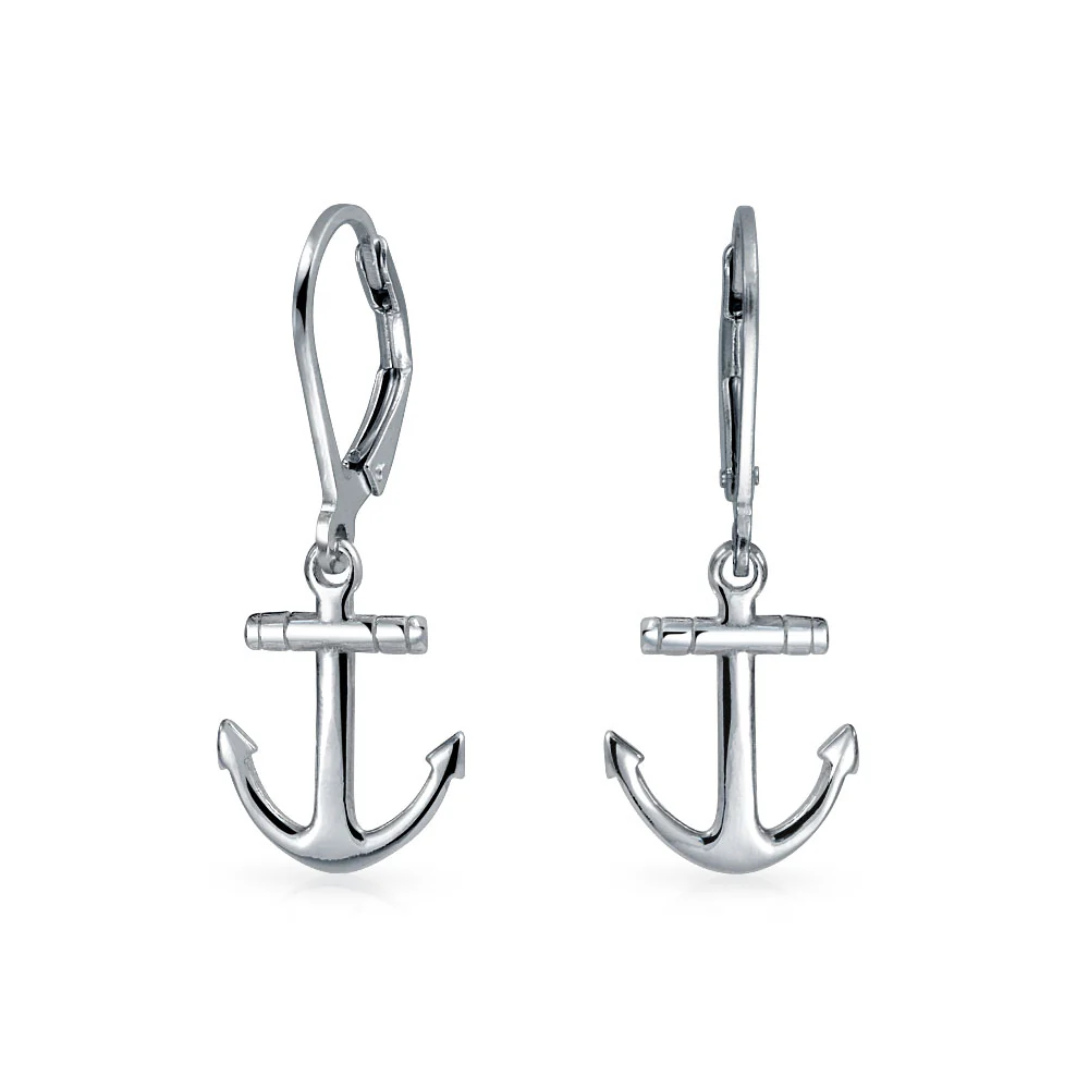 Tropical Beach Anchor Leverback Dangle Earrings 14K Gold Plated Sterling Silver