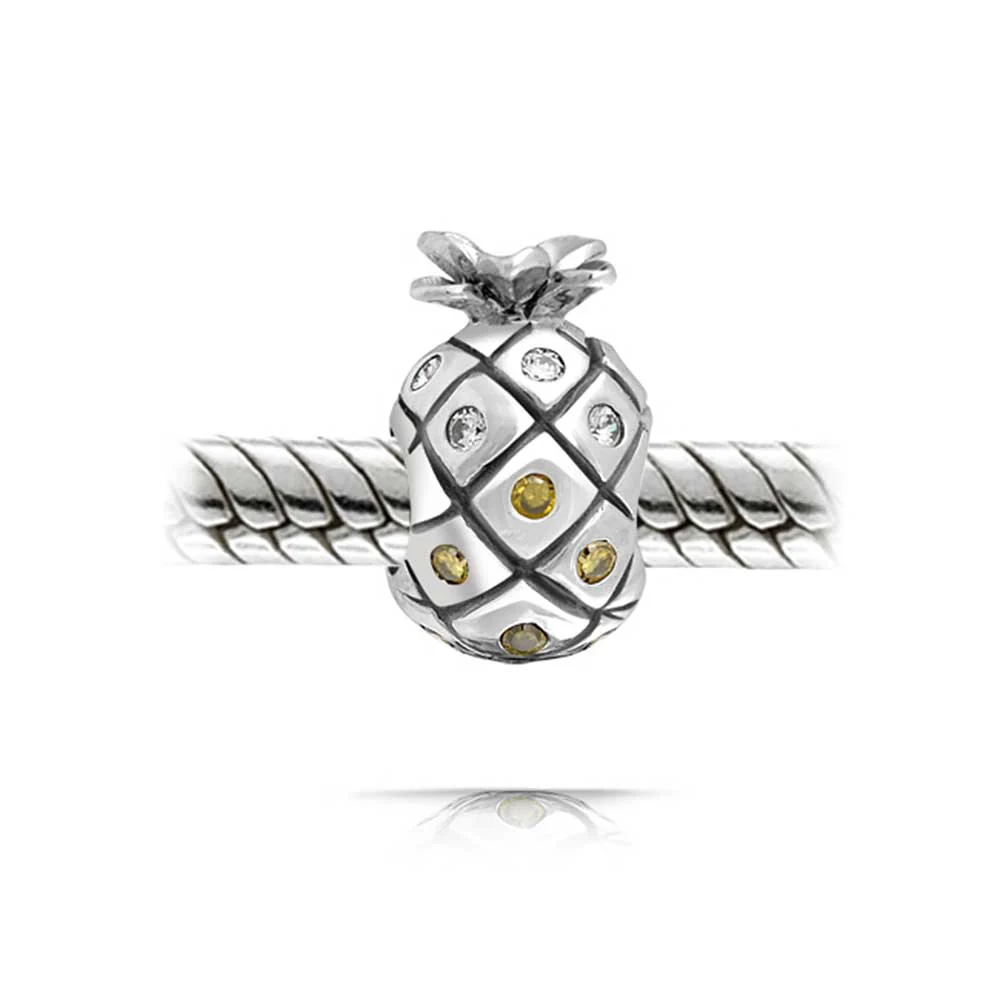 Tropical Pineapple Charm Bead Golden CZ for European Bracelets Sterling Silver - Image 2