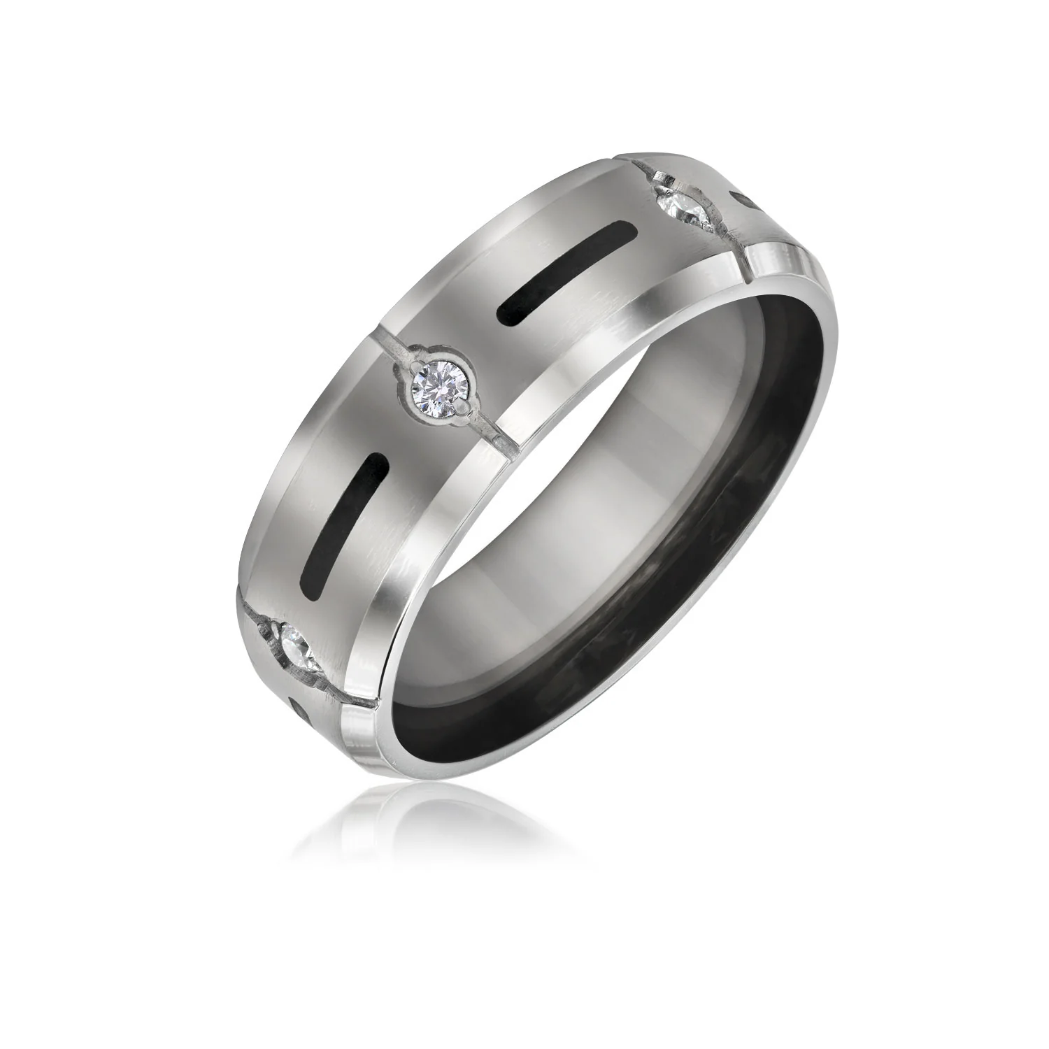 Black Inlay Titanium Wedding Band Ring with CZ Accent Silver