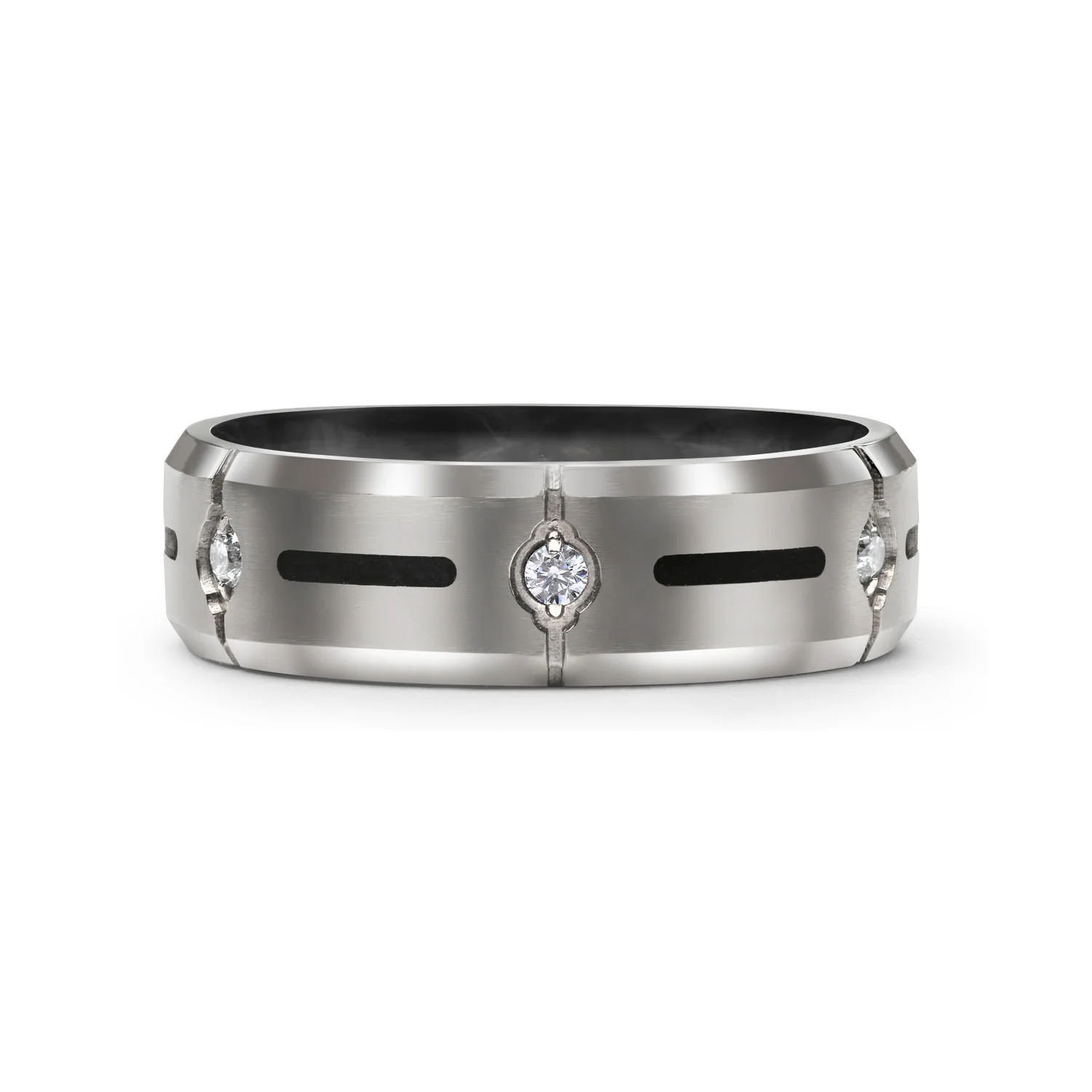 Black Inlay Titanium Wedding Band Ring with CZ Accent Silver - Image 2