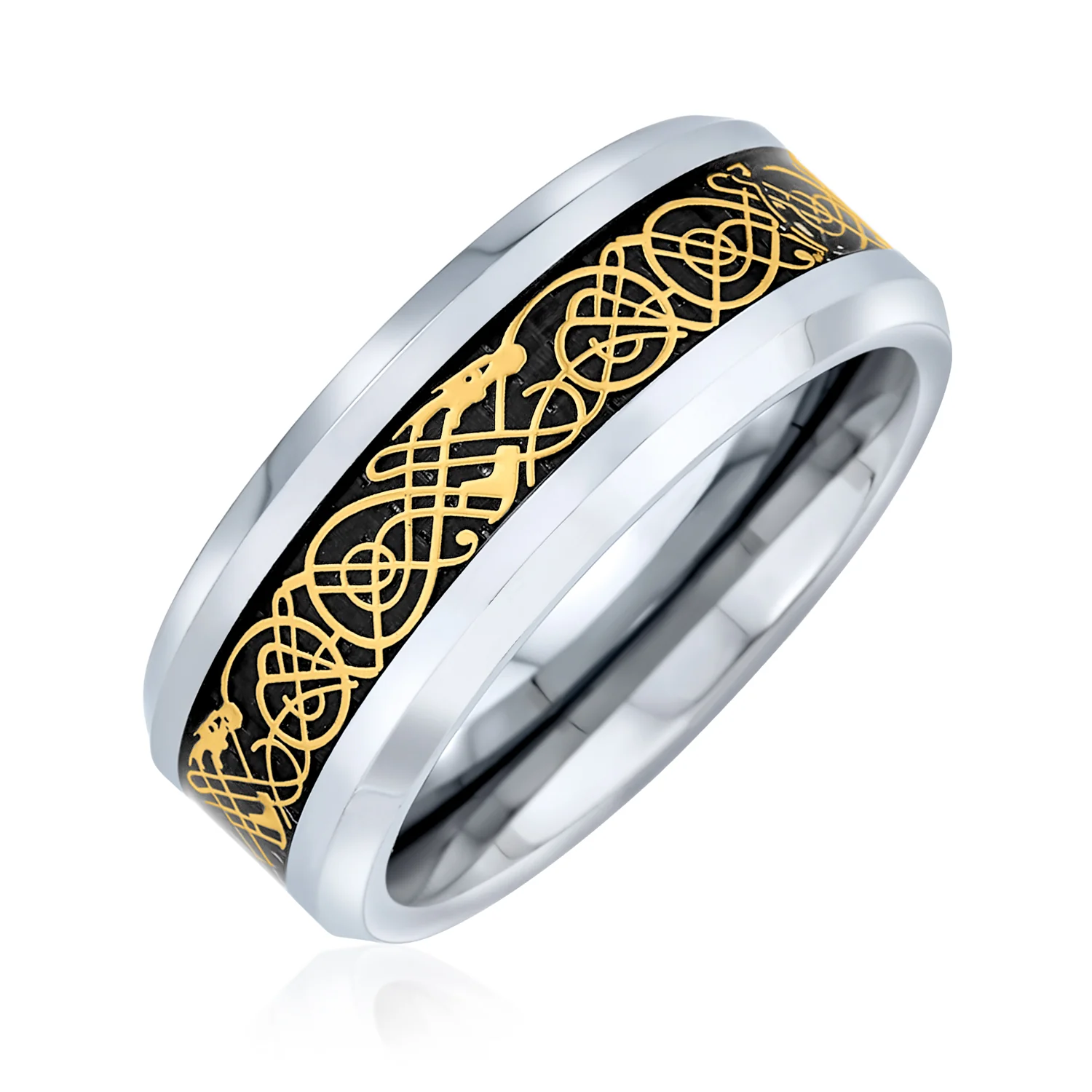 Two-Tone Celtic Dragon Knot Carbon Fiber Inlay Wedding Band Ring 8MM Titanium - Image 5
