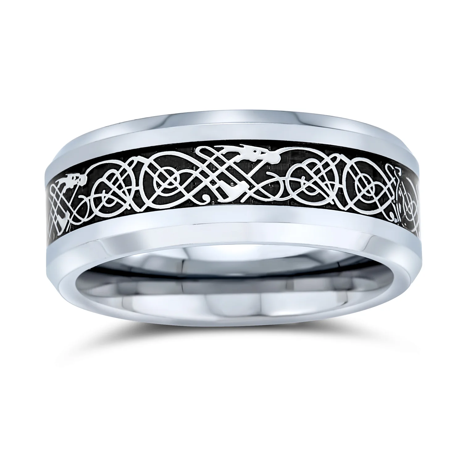 Two-Tone Celtic Dragon Knot Carbon Fiber Inlay Wedding Band Ring 8MM Titanium - Image 9