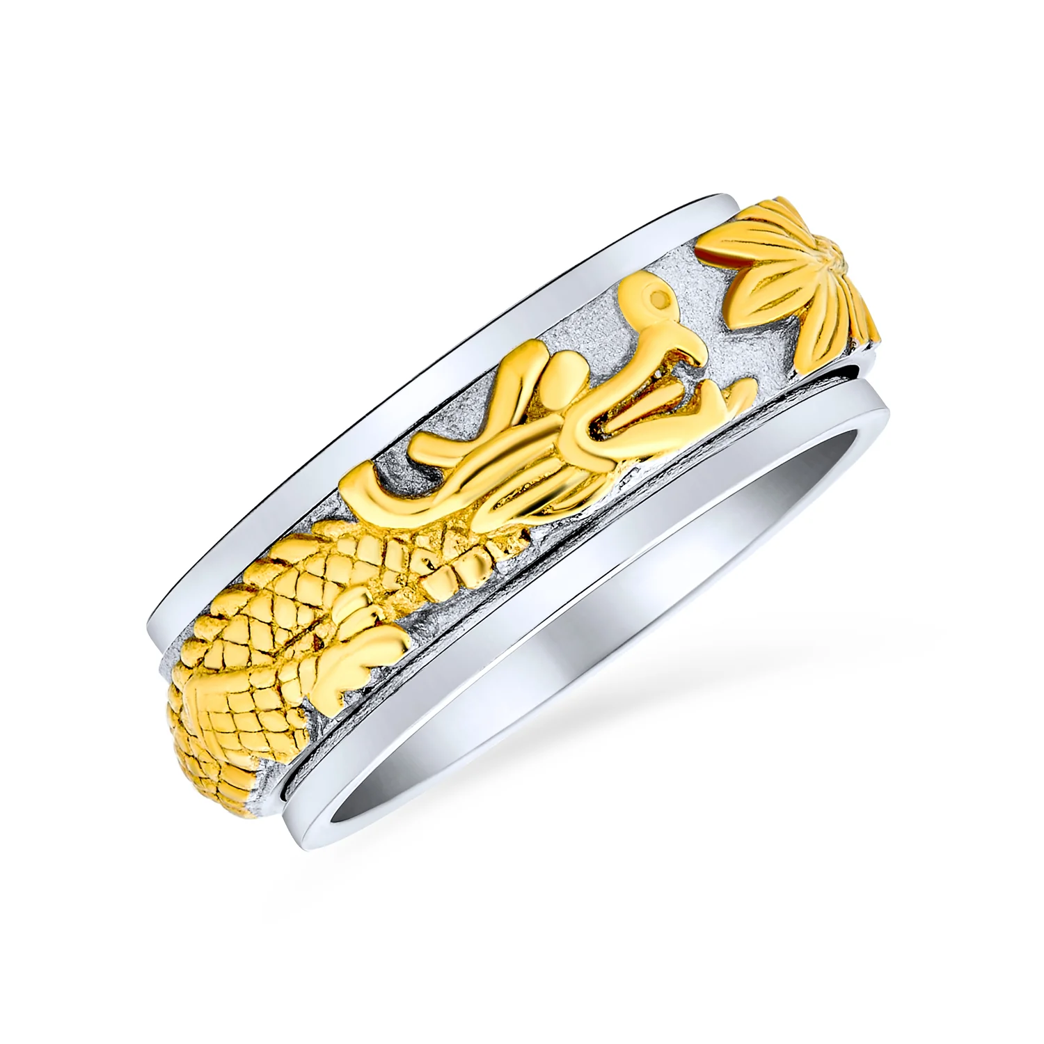 Two Tone Titanium Wedding Band Ring with Gold Silver Dragon Design for Men